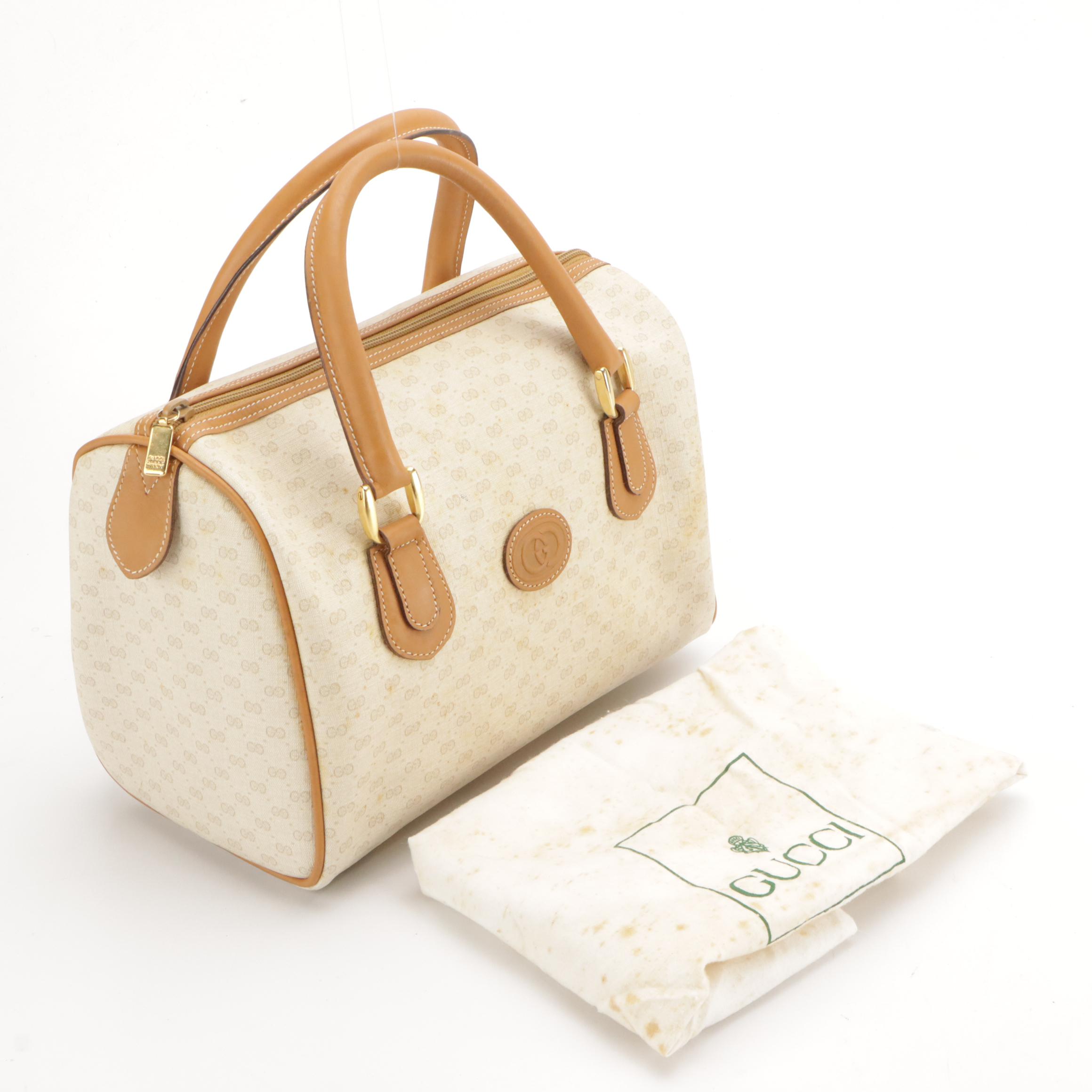 Gucci Boston Bag in Micro GG Canvas and Brown Leather