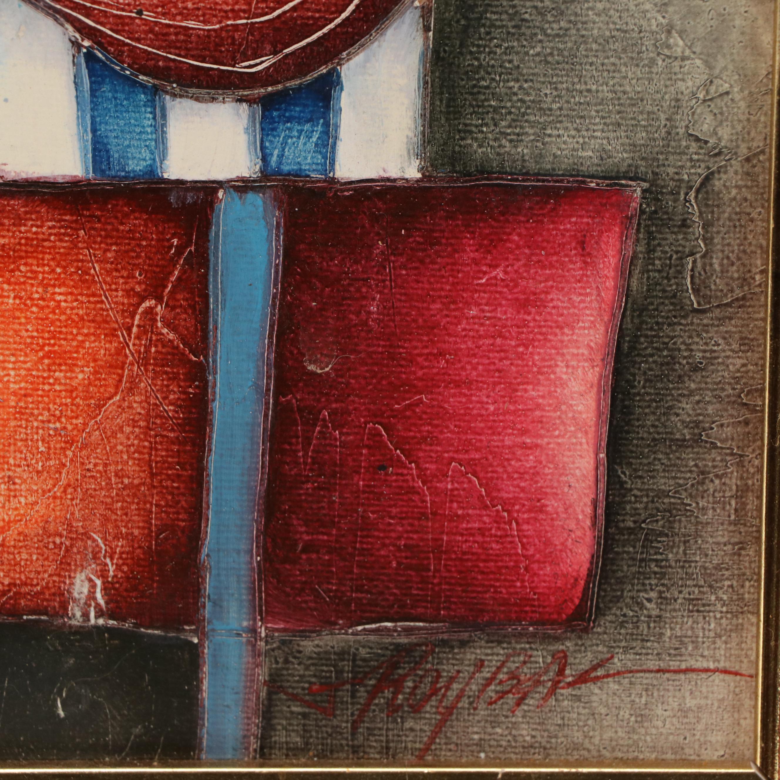 Joyce Roybal Folk Art Style Oil Painting of Young Musician, 21st Century