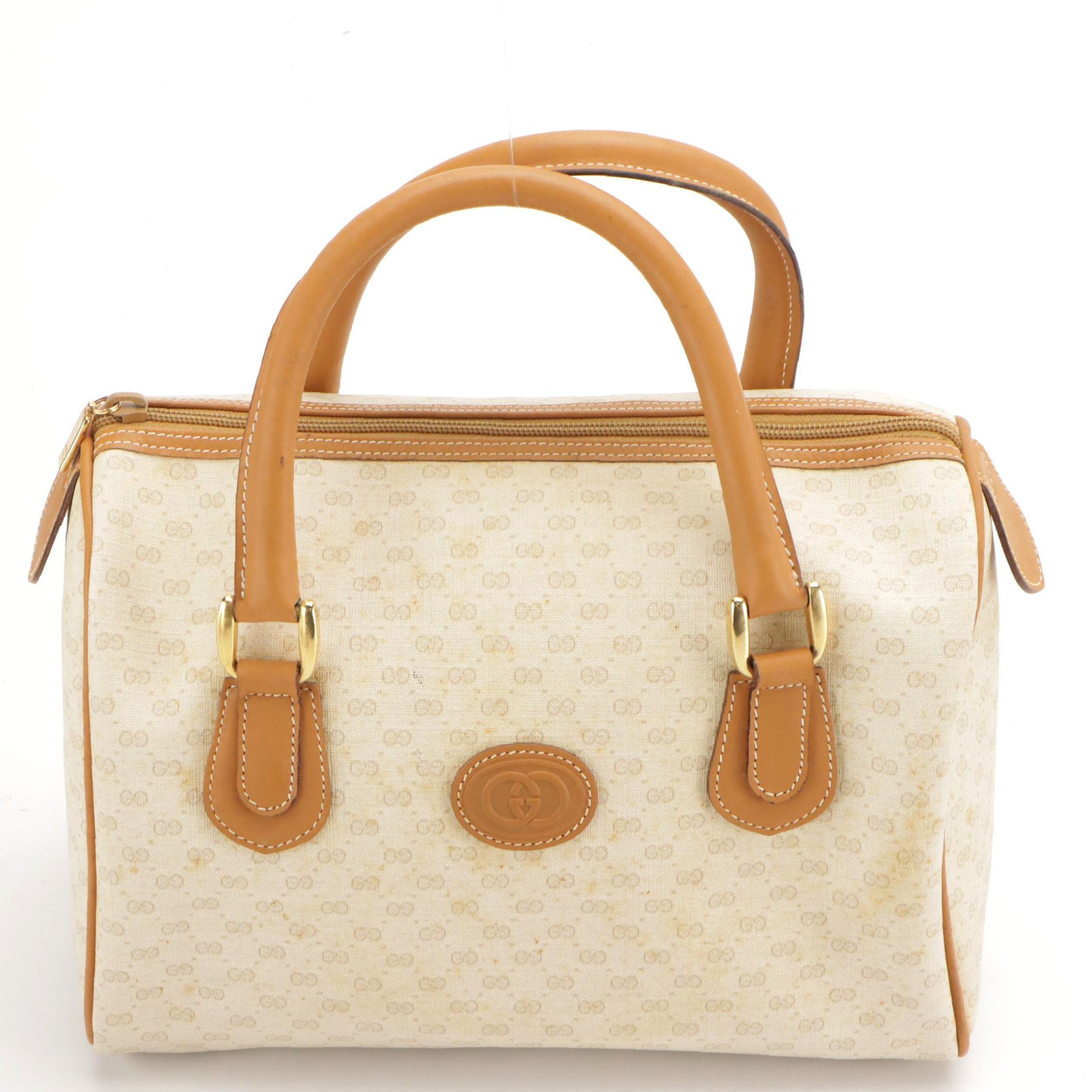 Gucci Boston Bag in Micro GG Canvas and Brown Leather