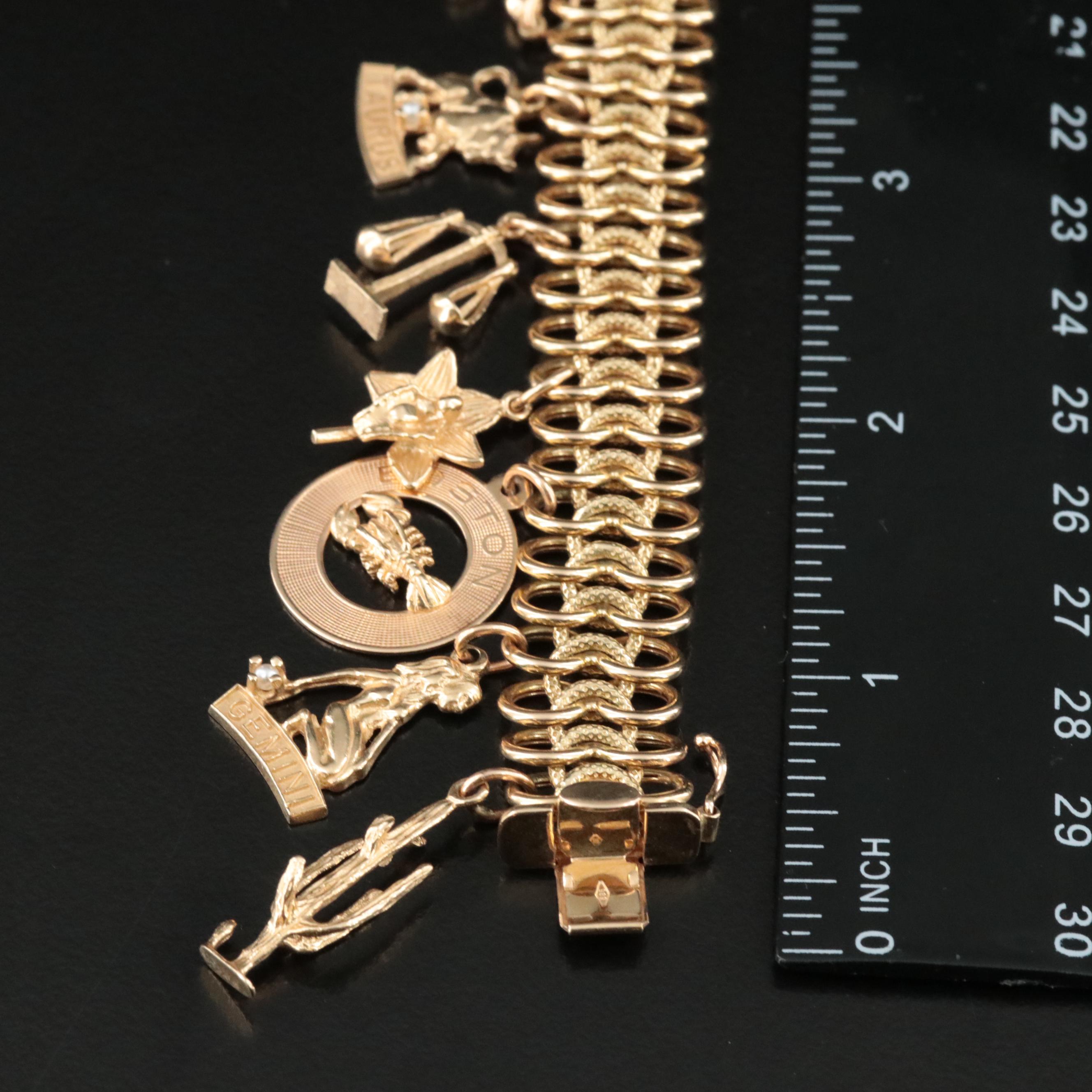 14K Infinity Link Charm Bracelet Featuring Travel and Horoscope