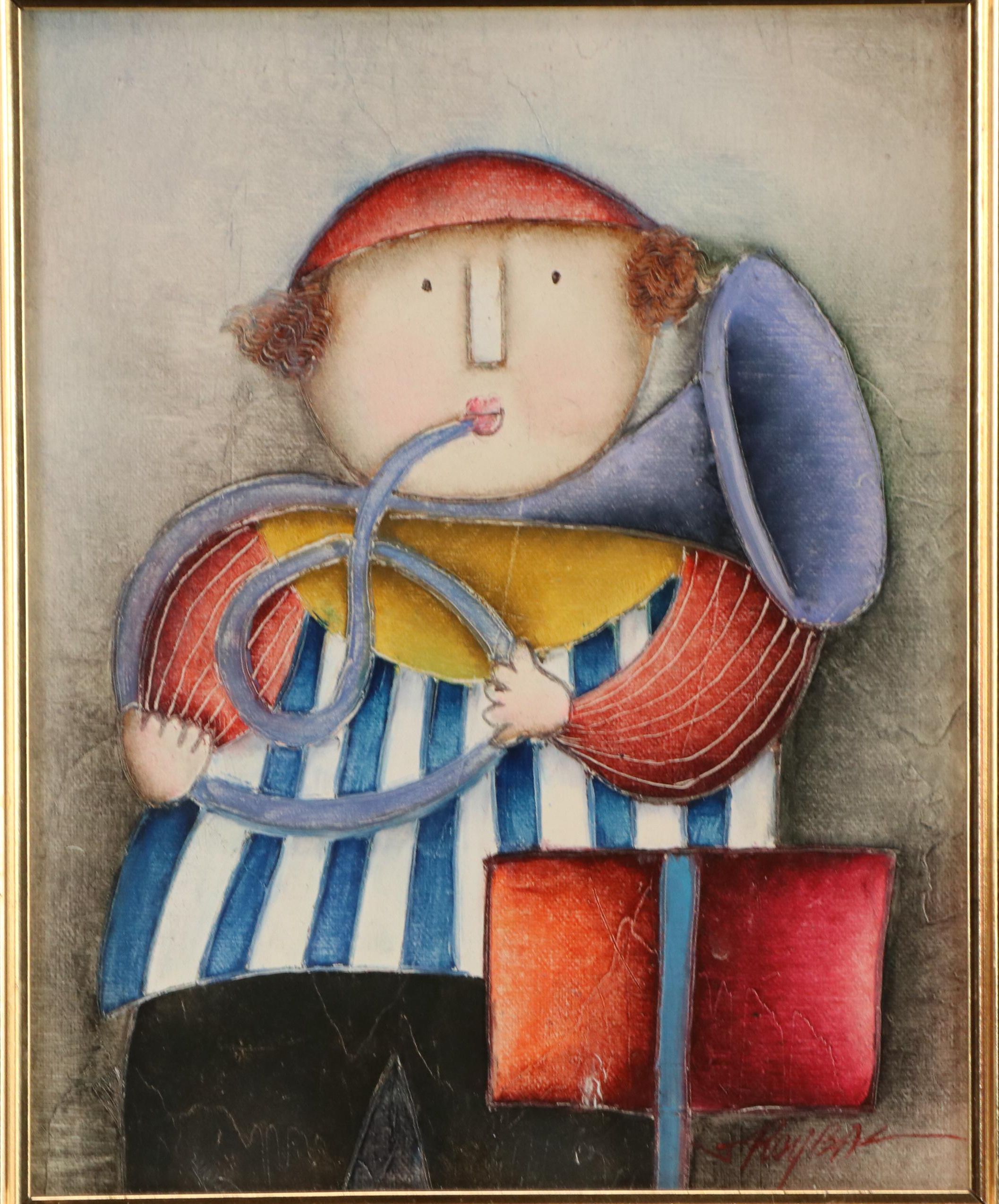 Joyce Roybal Folk Art Style Oil Painting of Young Musician, 21st Century