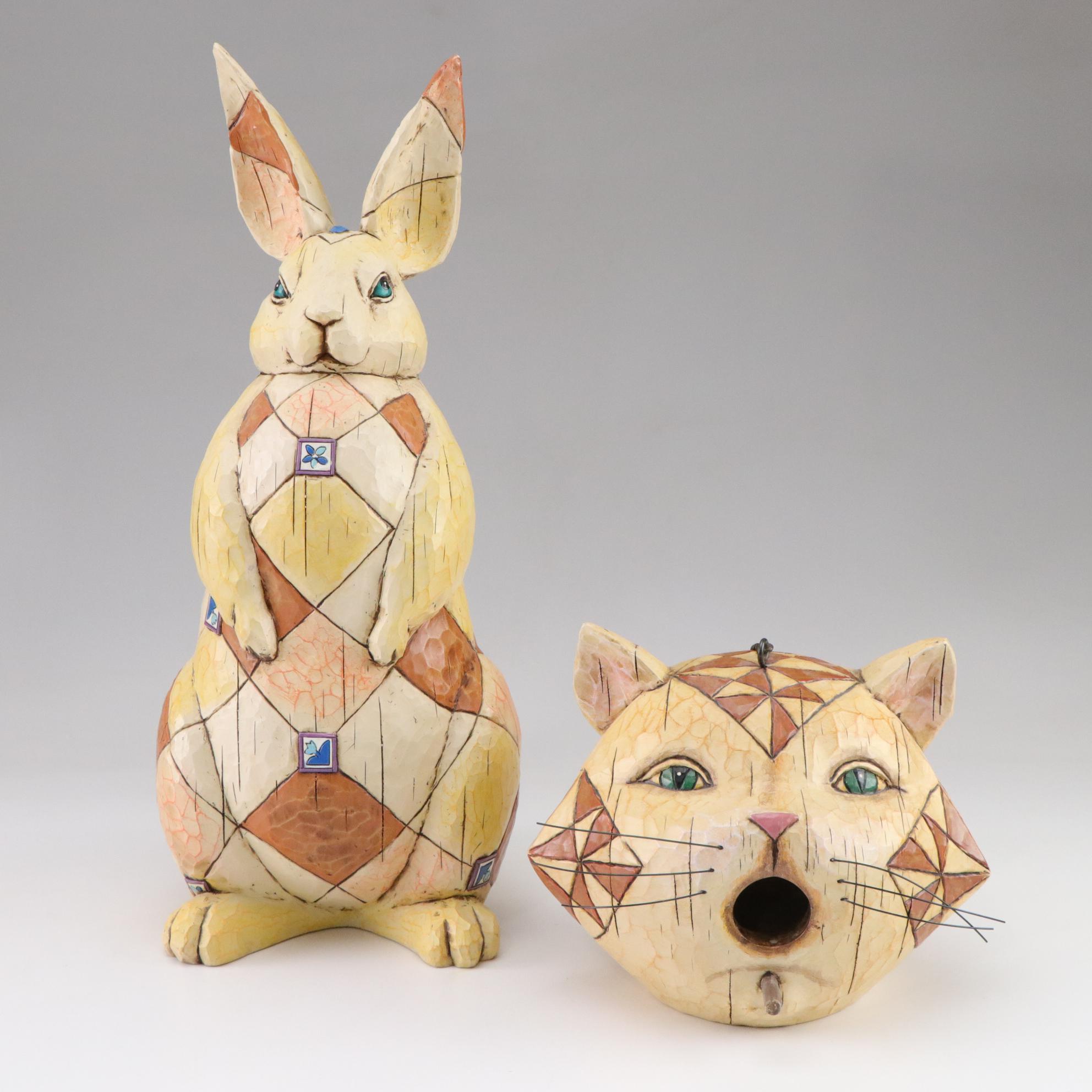 Jim Shore Rabbit Garden Statue with Cat Birdhouse