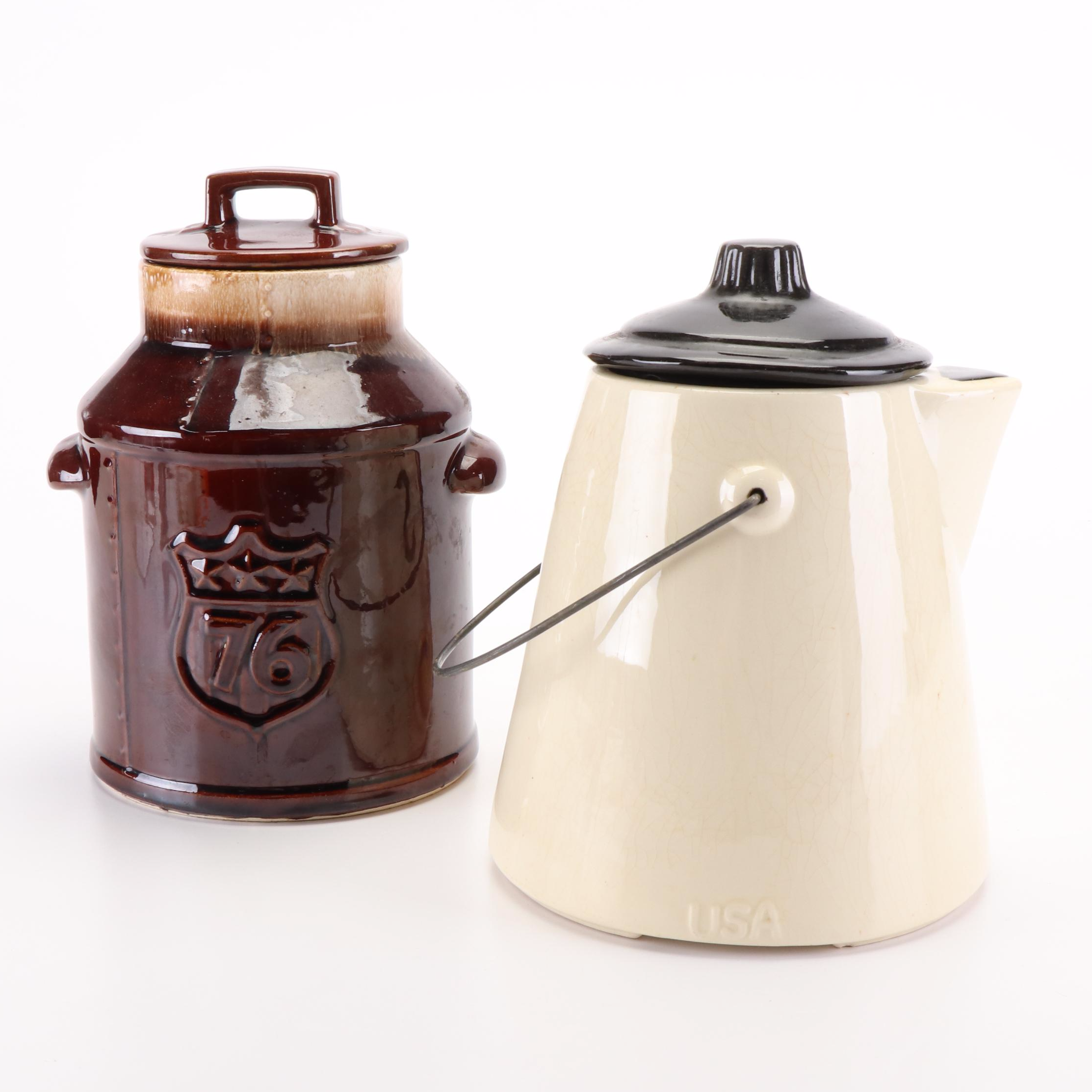 McCoy Bicentennial Drip Glaze Milk Can Cookie Jar and Teapot Cookie Jar