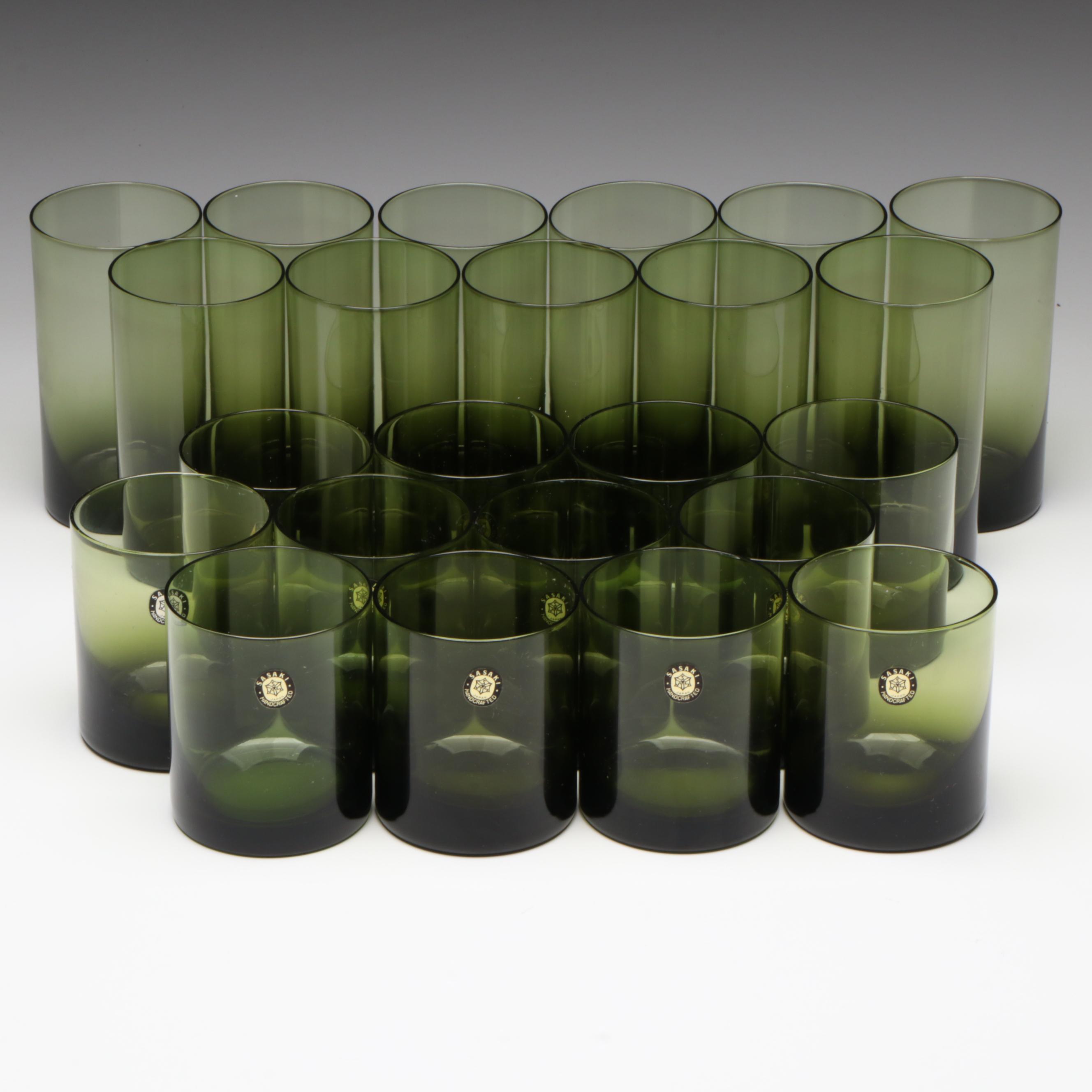 Sasaki "Coronation Dark Green" Glass Old Fashioned Glasses and Tumblers