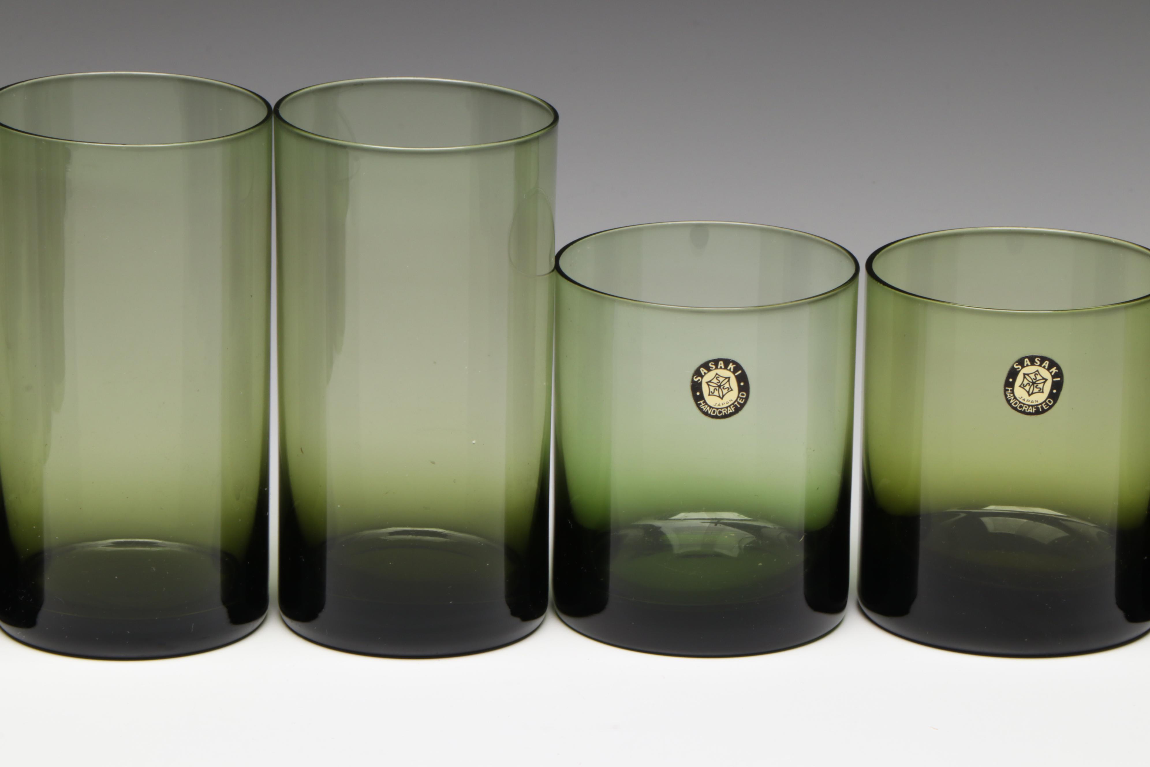 Sasaki "Coronation Dark Green" Glass Old Fashioned Glasses and Tumblers