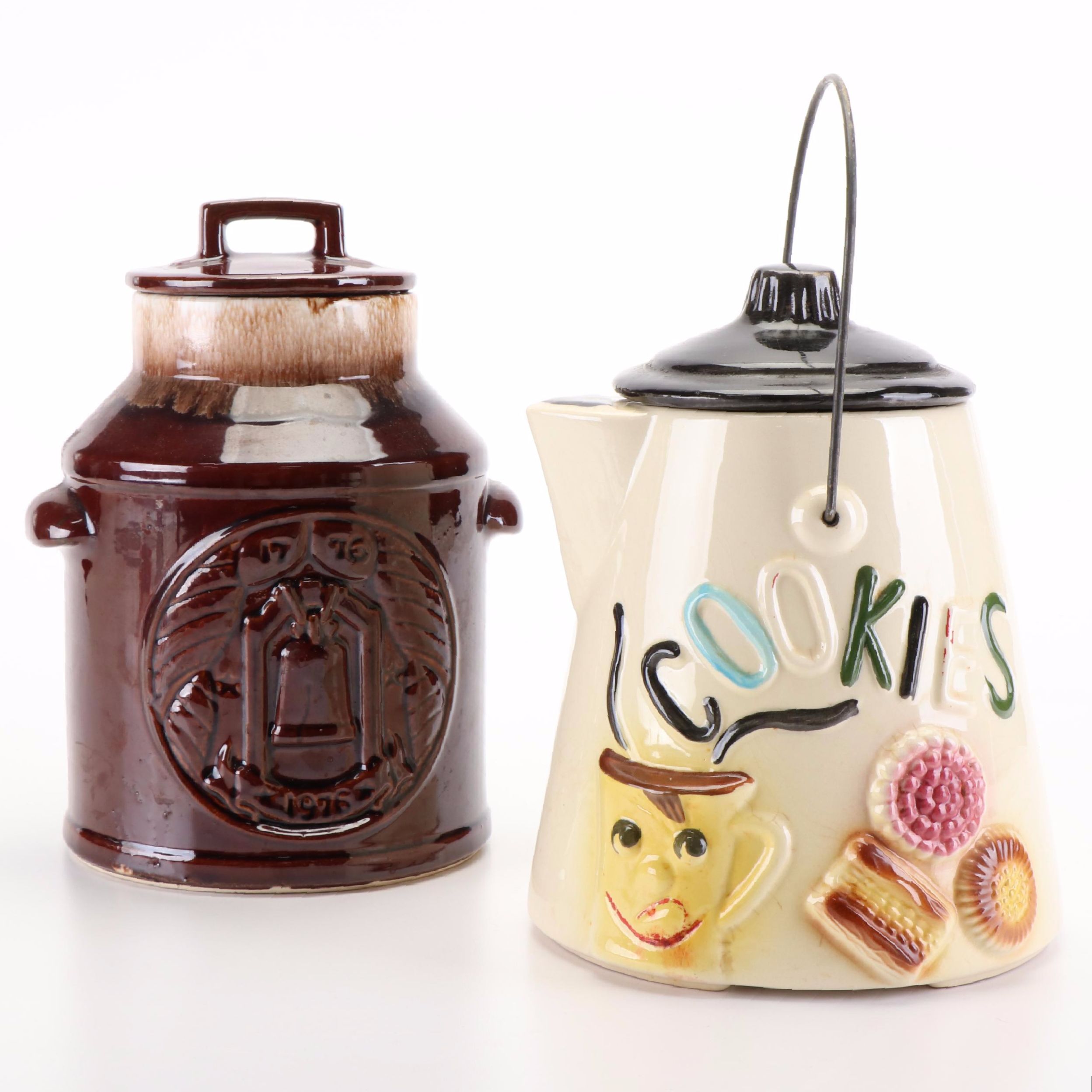 McCoy Bicentennial Drip Glaze Milk Can Cookie Jar and Teapot Cookie Jar