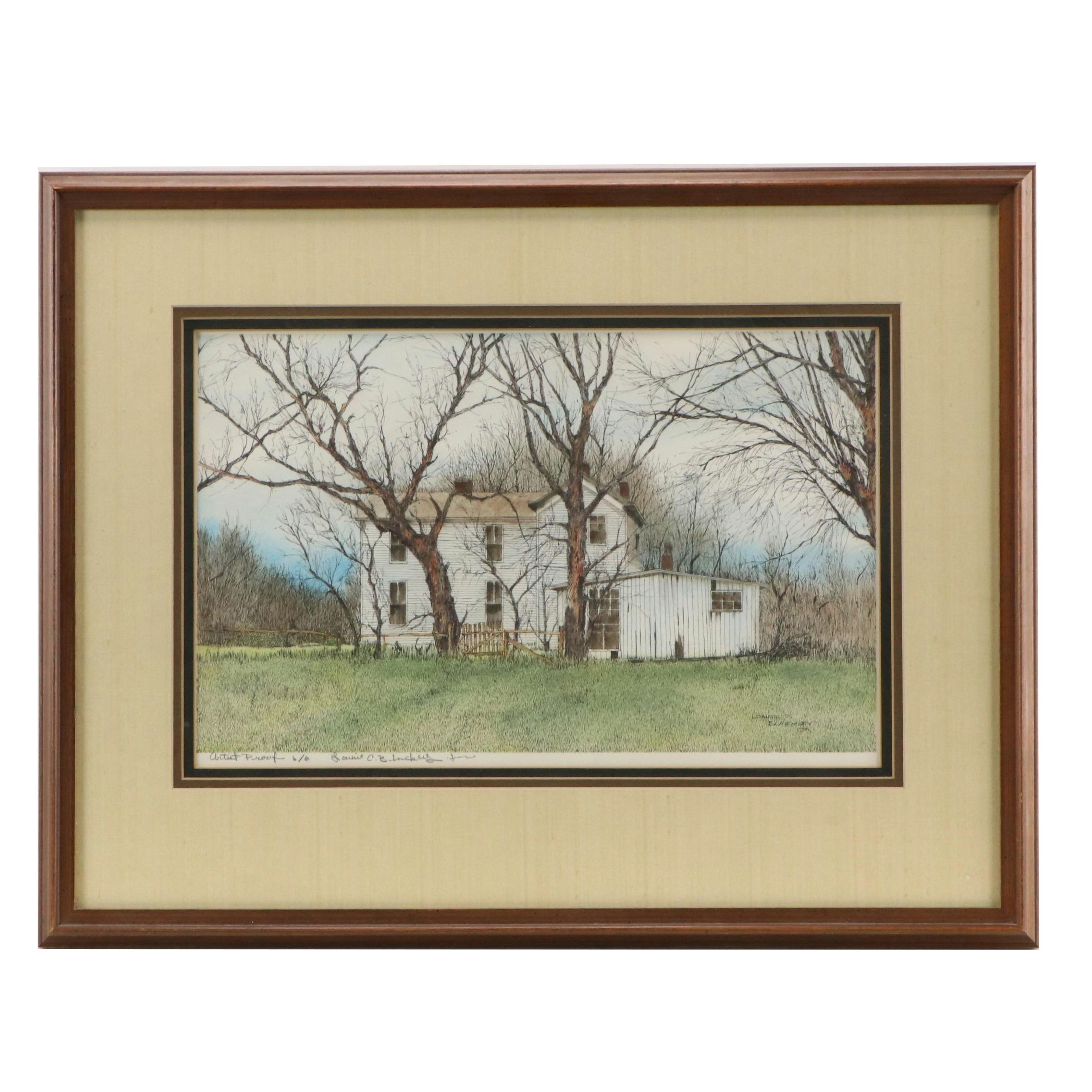 Lonnie C. Blackley Lithograph of Farmhouse, 20th Century