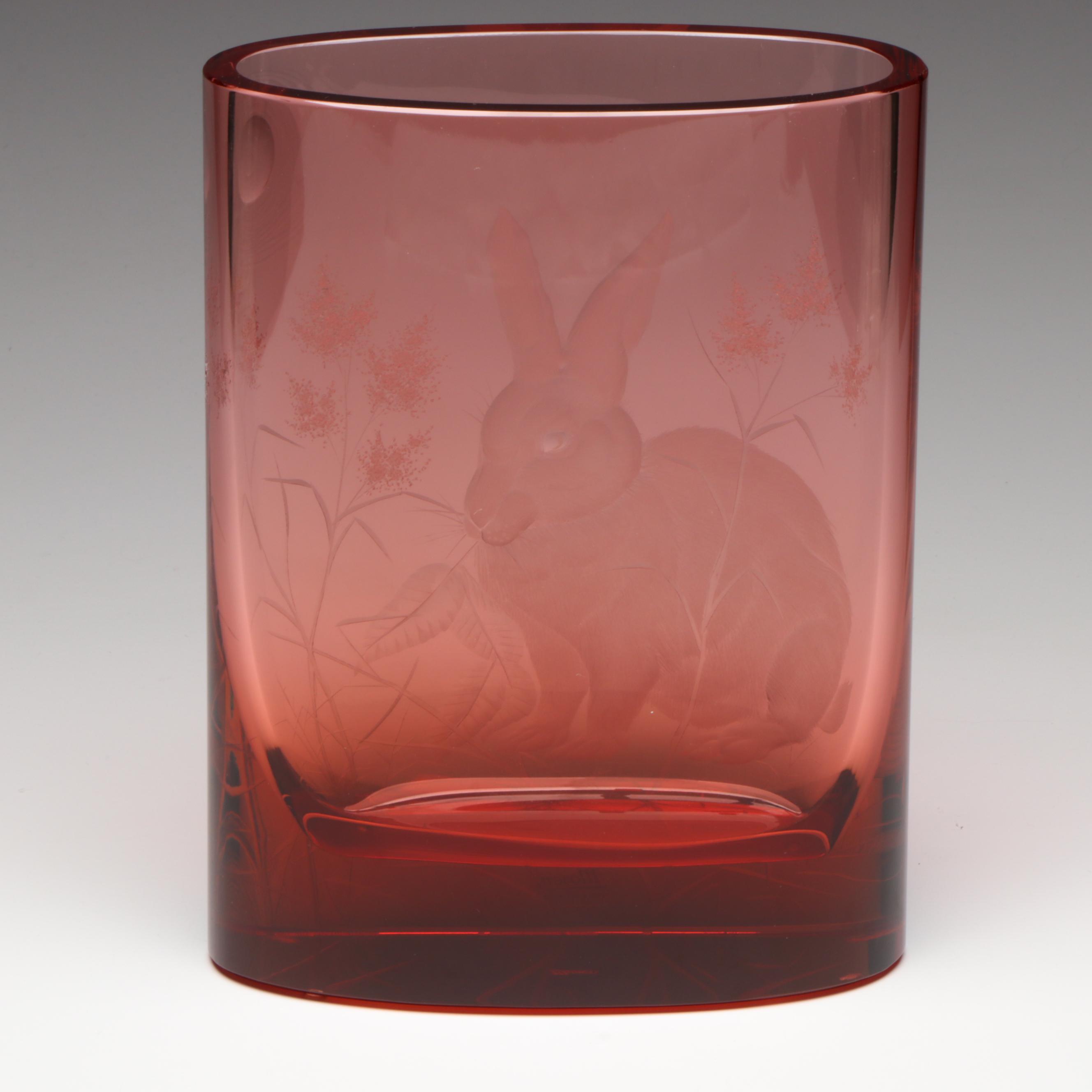 Moser Etched Ruby Crystal Vase with Rabbit and Flower Motif in Original Box