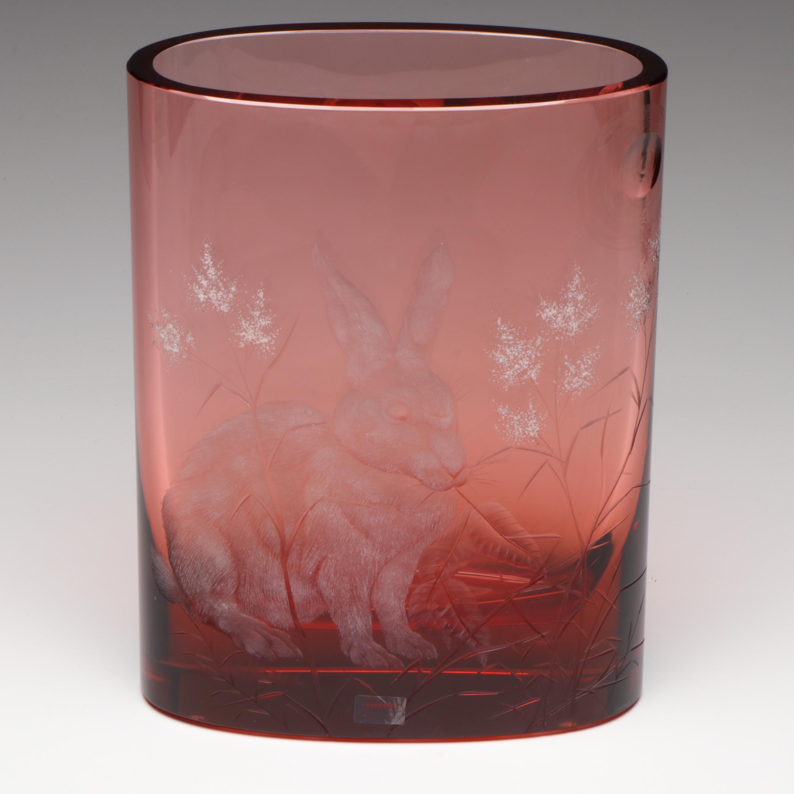 Moser Etched Ruby Crystal Vase with Rabbit and Flower Motif in Original Box