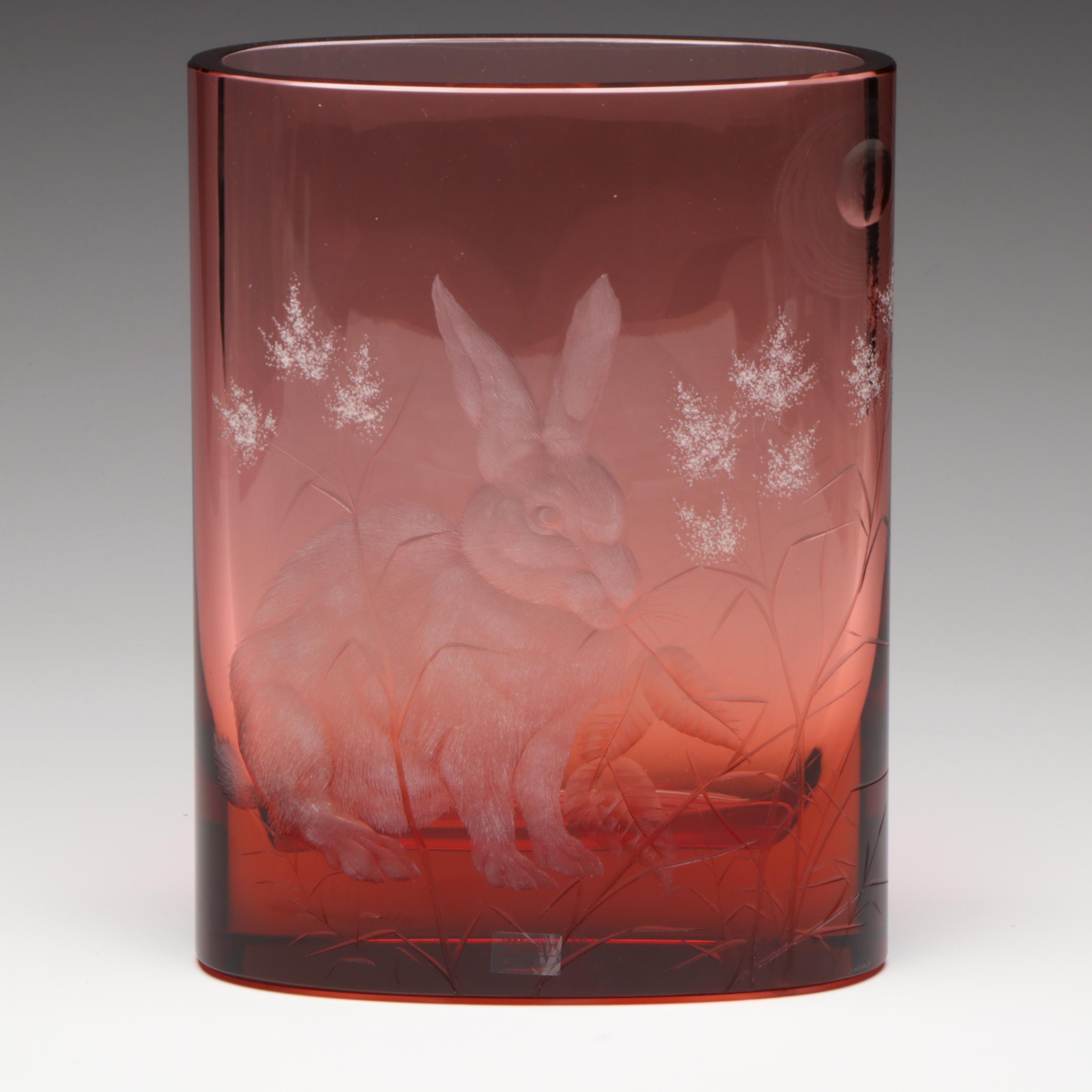Moser Etched Ruby Crystal Vase with Rabbit and Flower Motif in Original Box