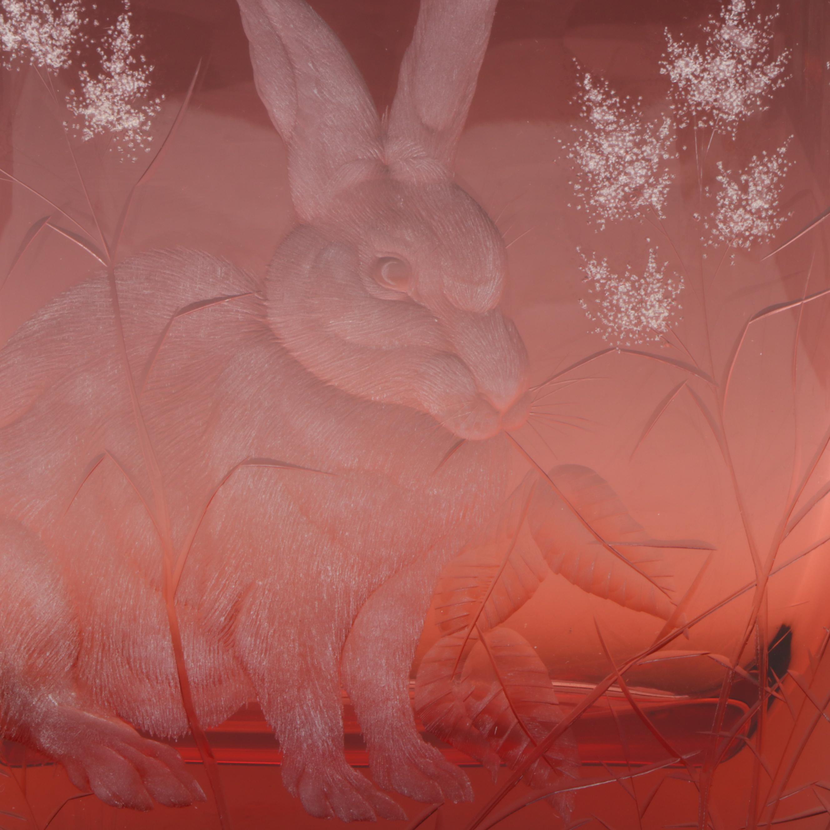 Moser Etched Ruby Crystal Vase with Rabbit and Flower Motif in Original Box