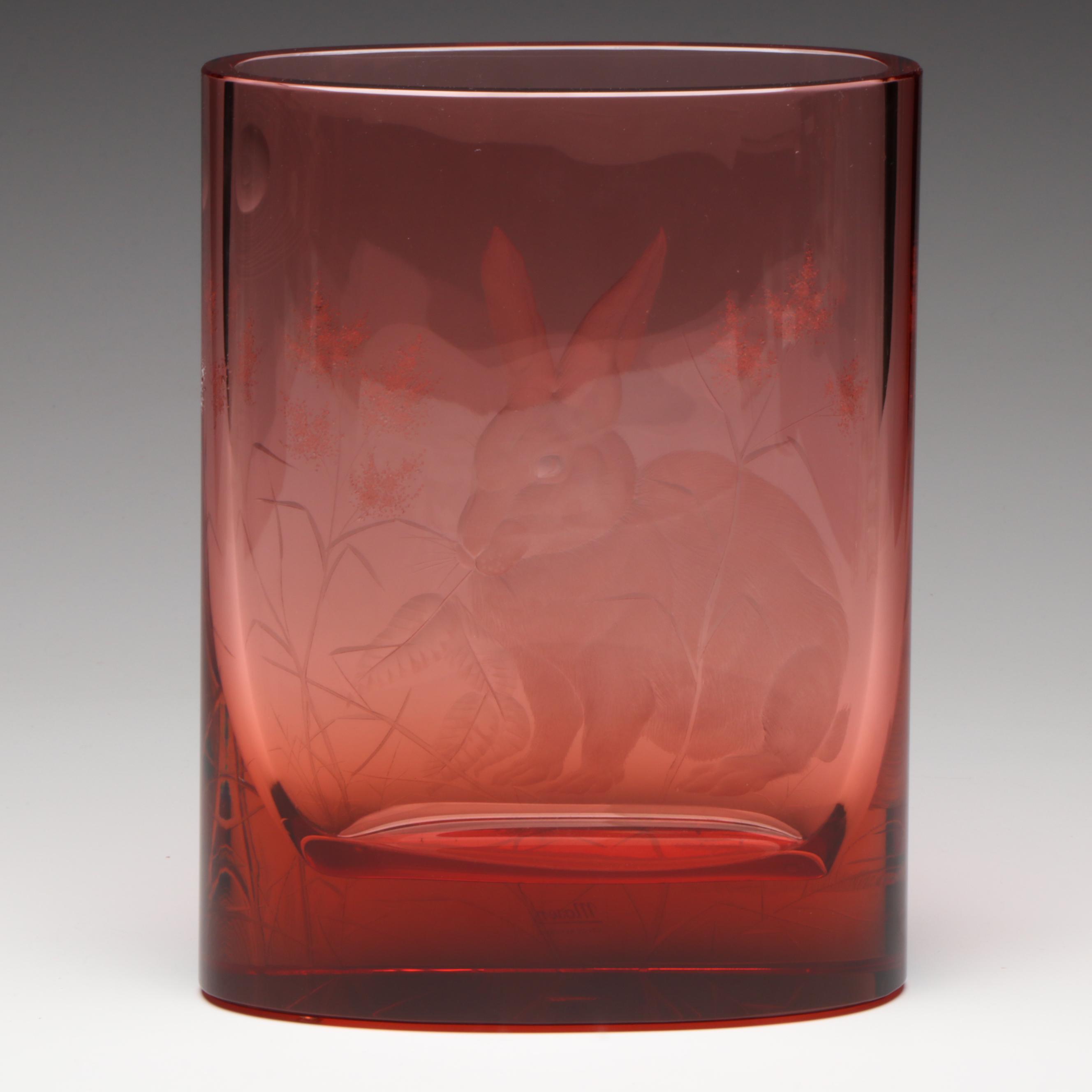 Moser Etched Ruby Crystal Vase with Rabbit and Flower Motif in Original Box
