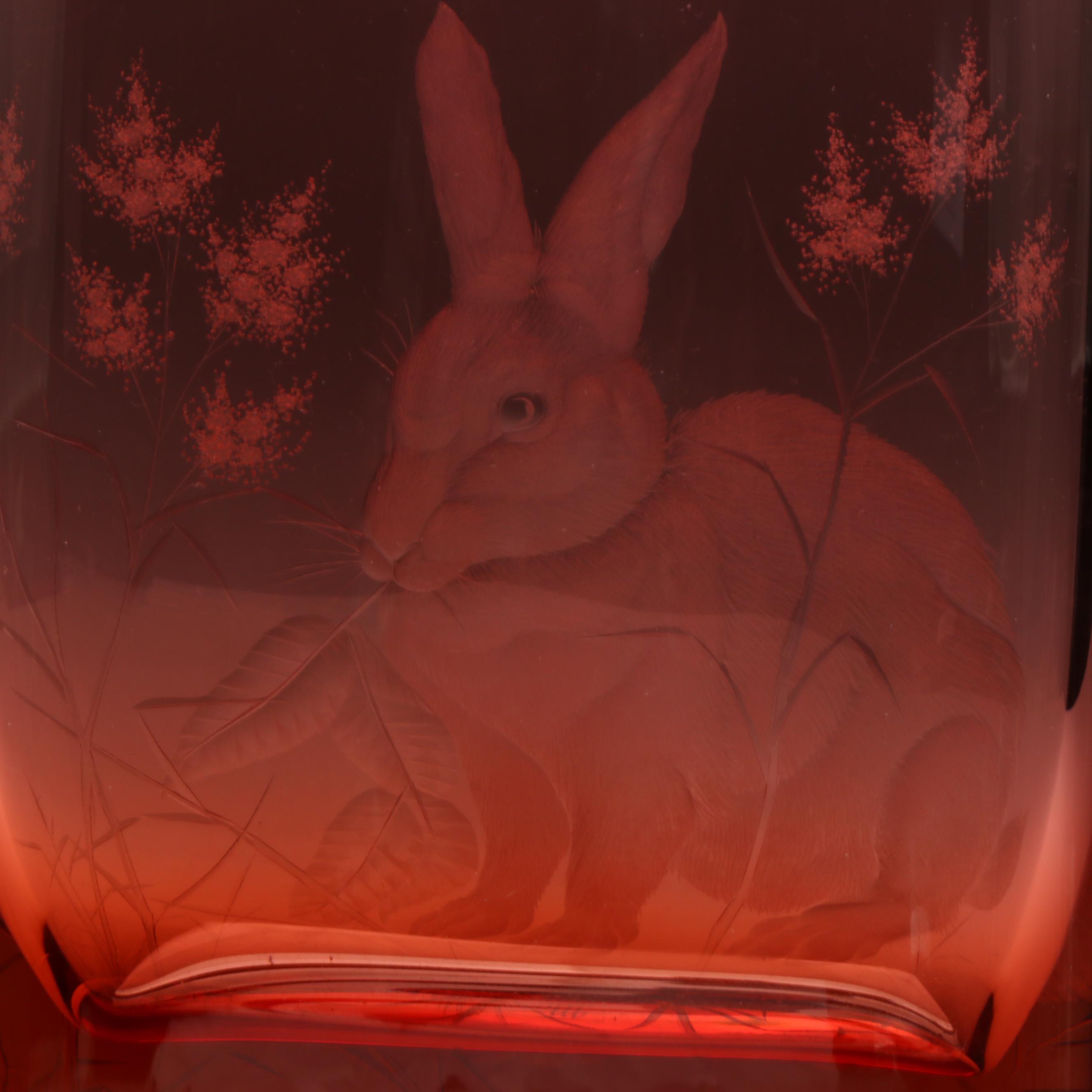 Moser Etched Ruby Crystal Vase with Rabbit and Flower Motif in Original Box