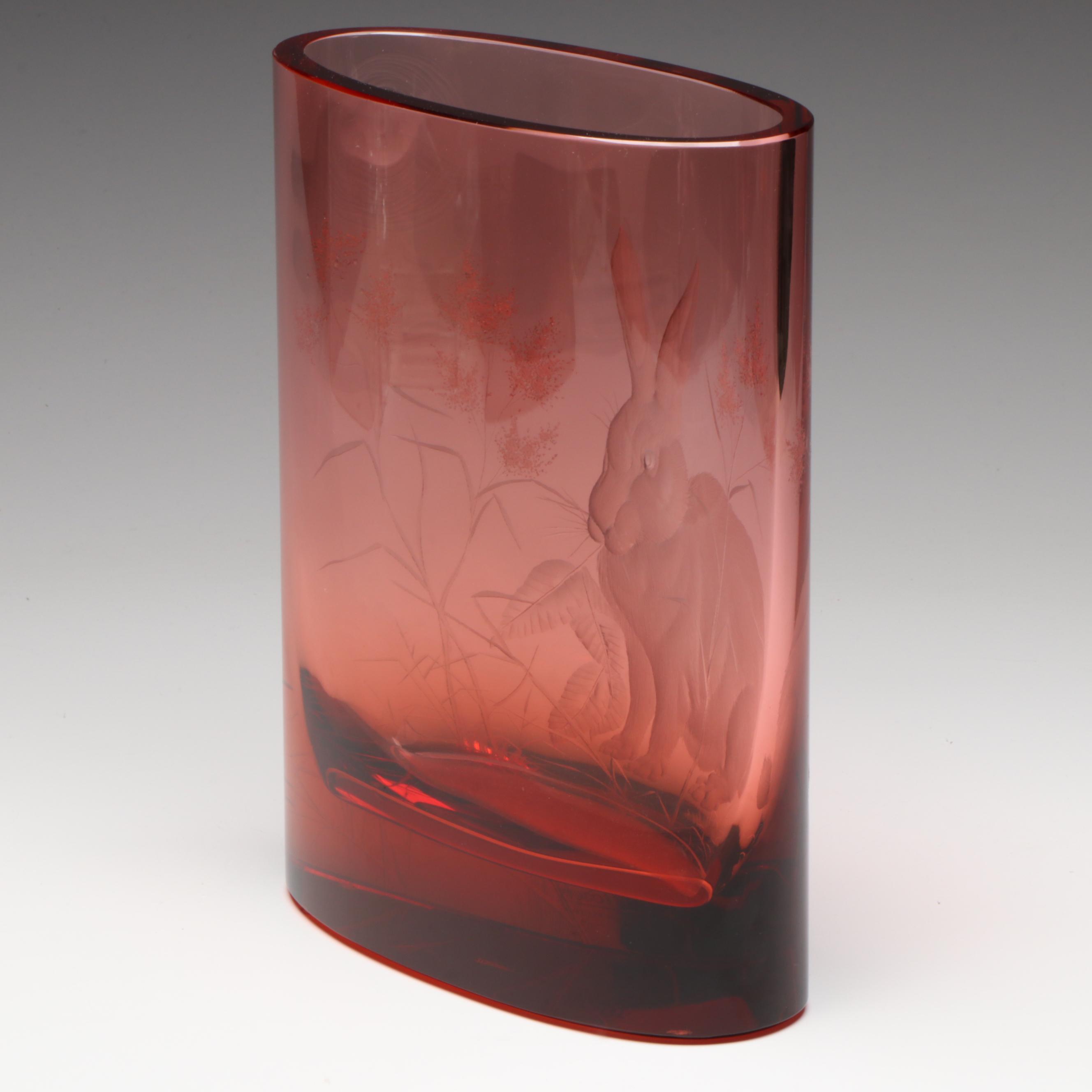 Moser Etched Ruby Crystal Vase with Rabbit and Flower Motif in Original Box