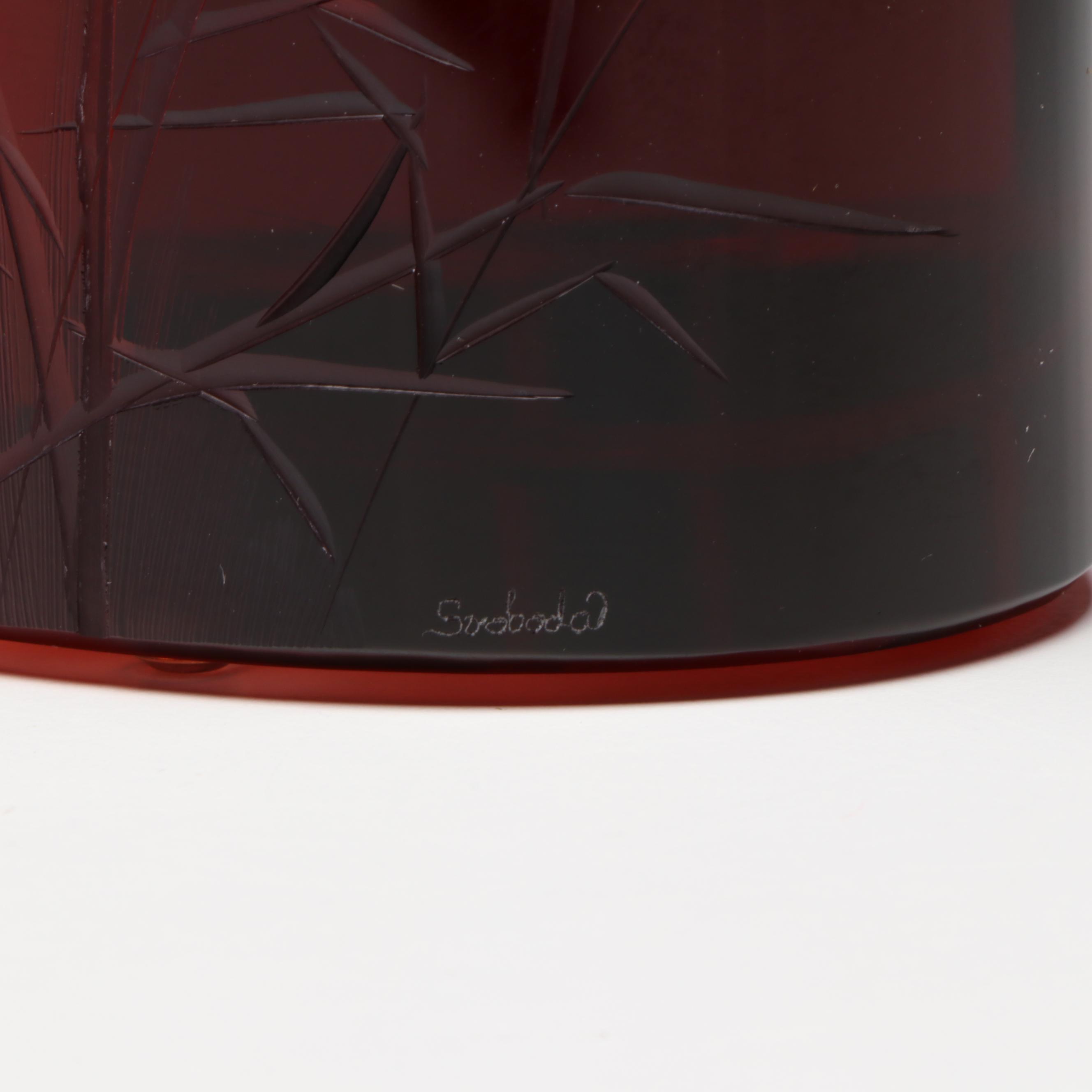 Moser Etched Ruby Crystal Vase with Rabbit and Flower Motif in Original Box