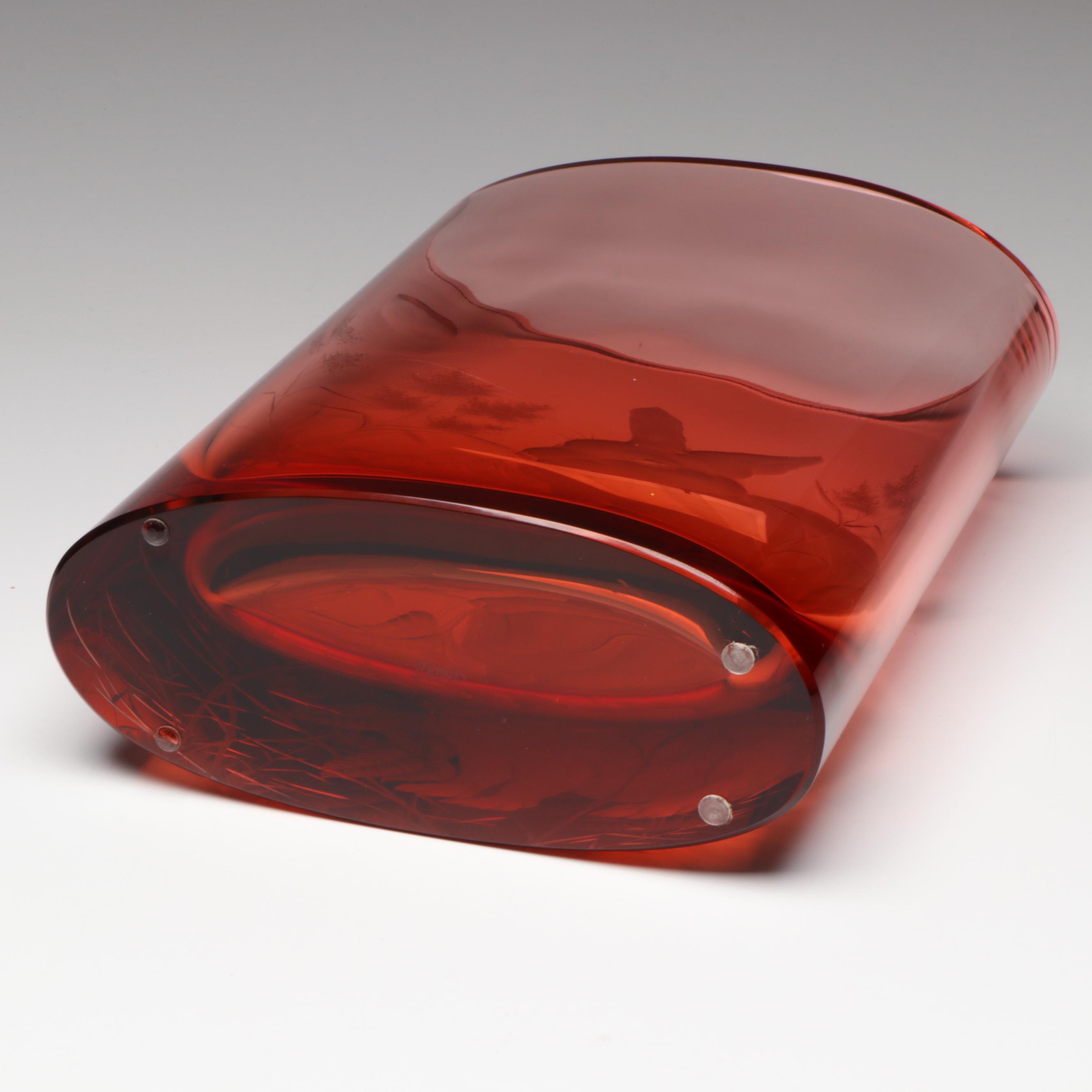 Moser Etched Ruby Crystal Vase with Rabbit and Flower Motif in Original Box