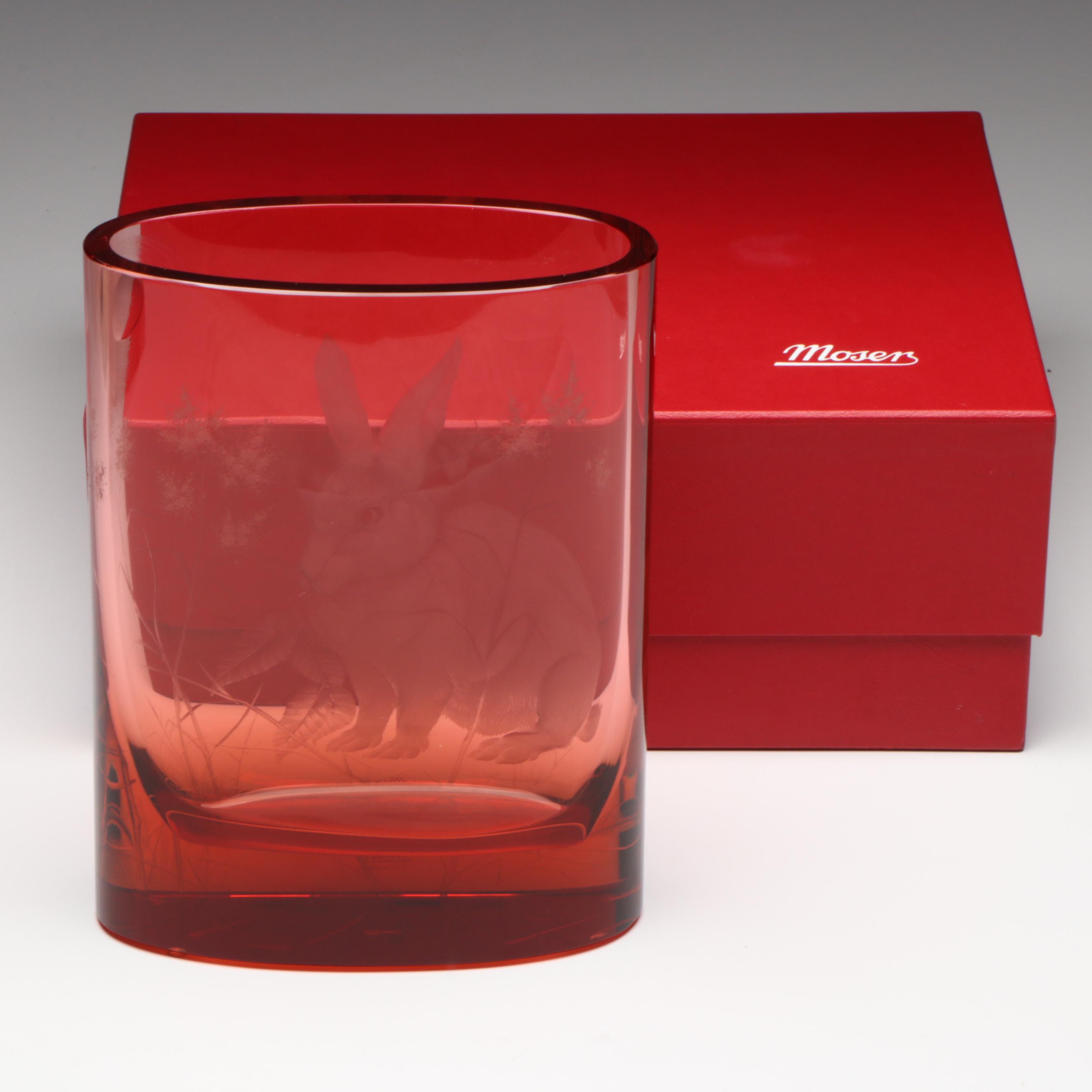 Moser Etched Ruby Crystal Vase with Rabbit and Flower Motif in Original Box