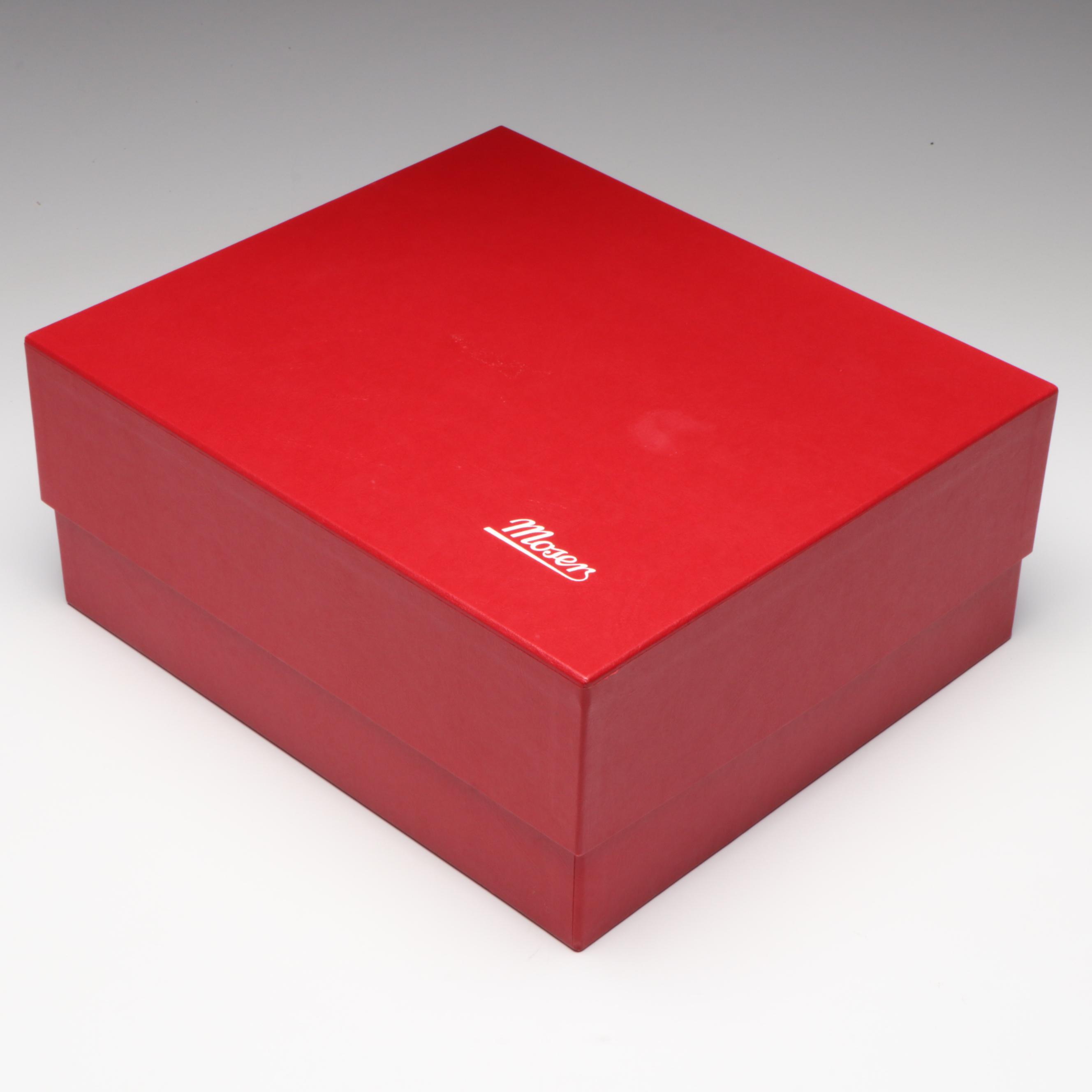 Moser Etched Ruby Crystal Vase with Rabbit and Flower Motif in Original Box