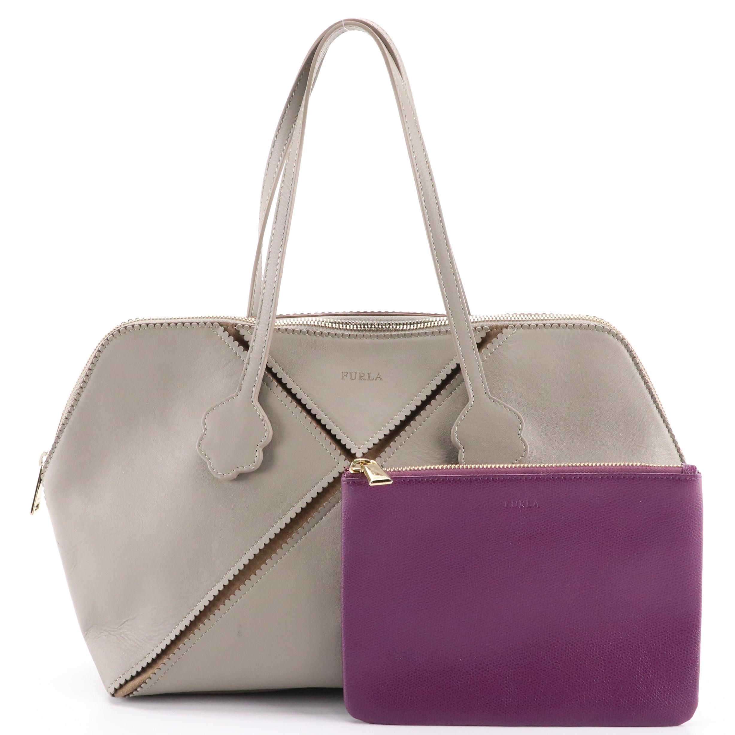 Furla Grey Leather Marletta Bag with Purple Grained Leather Zip Pouch