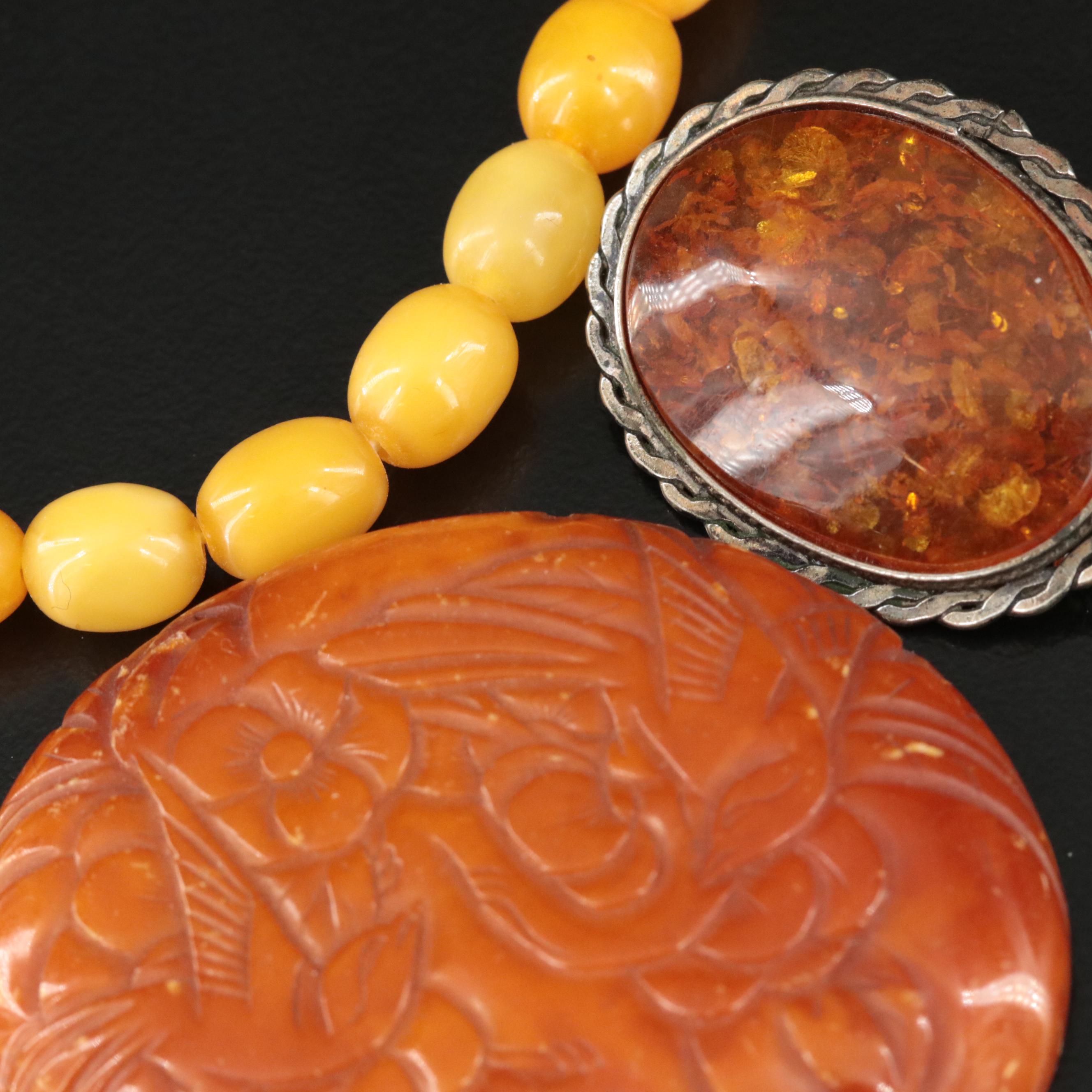 Copal Graduated Necklace, Amber Brooch and Loose Carved Copal
