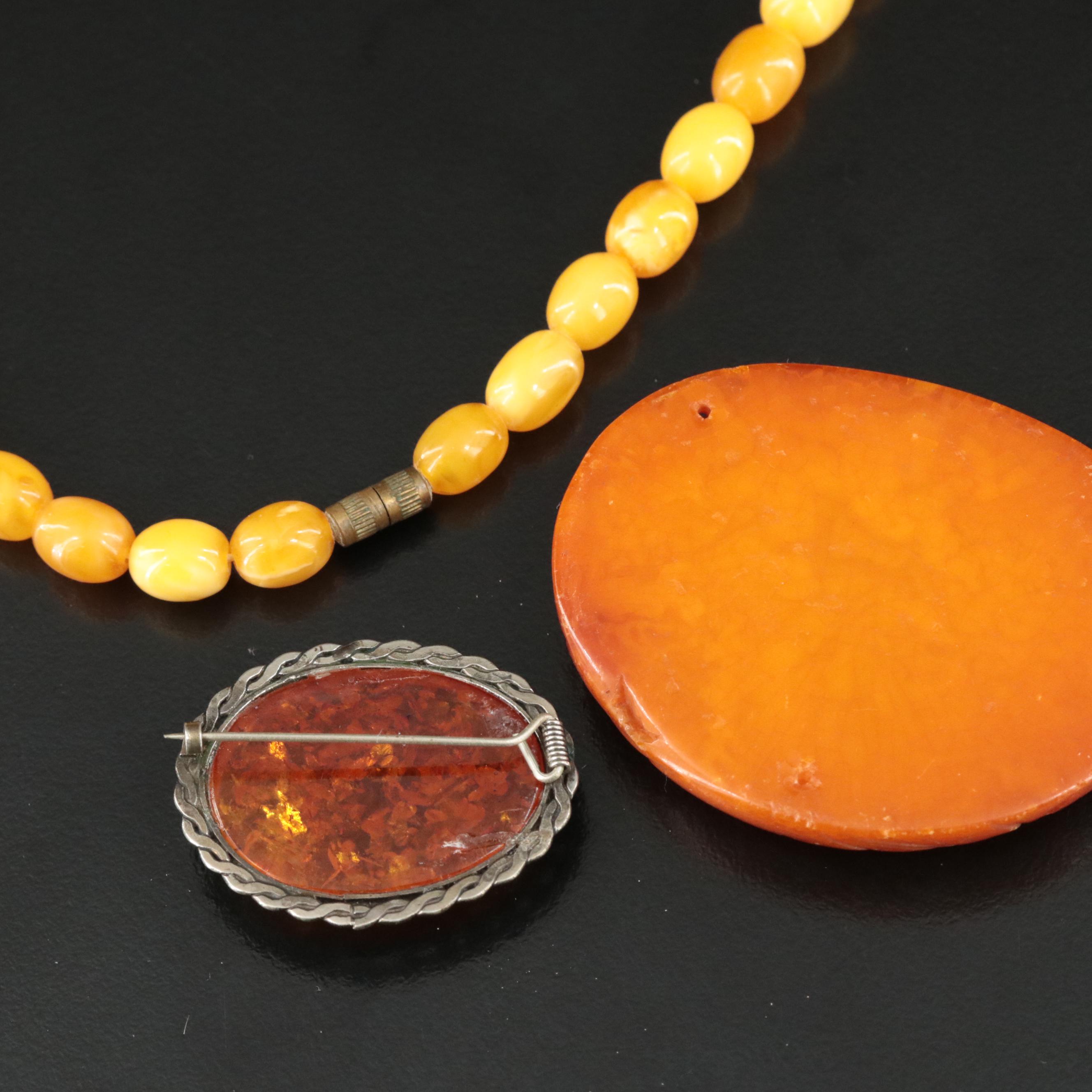Copal Graduated Necklace, Amber Brooch and Loose Carved Copal