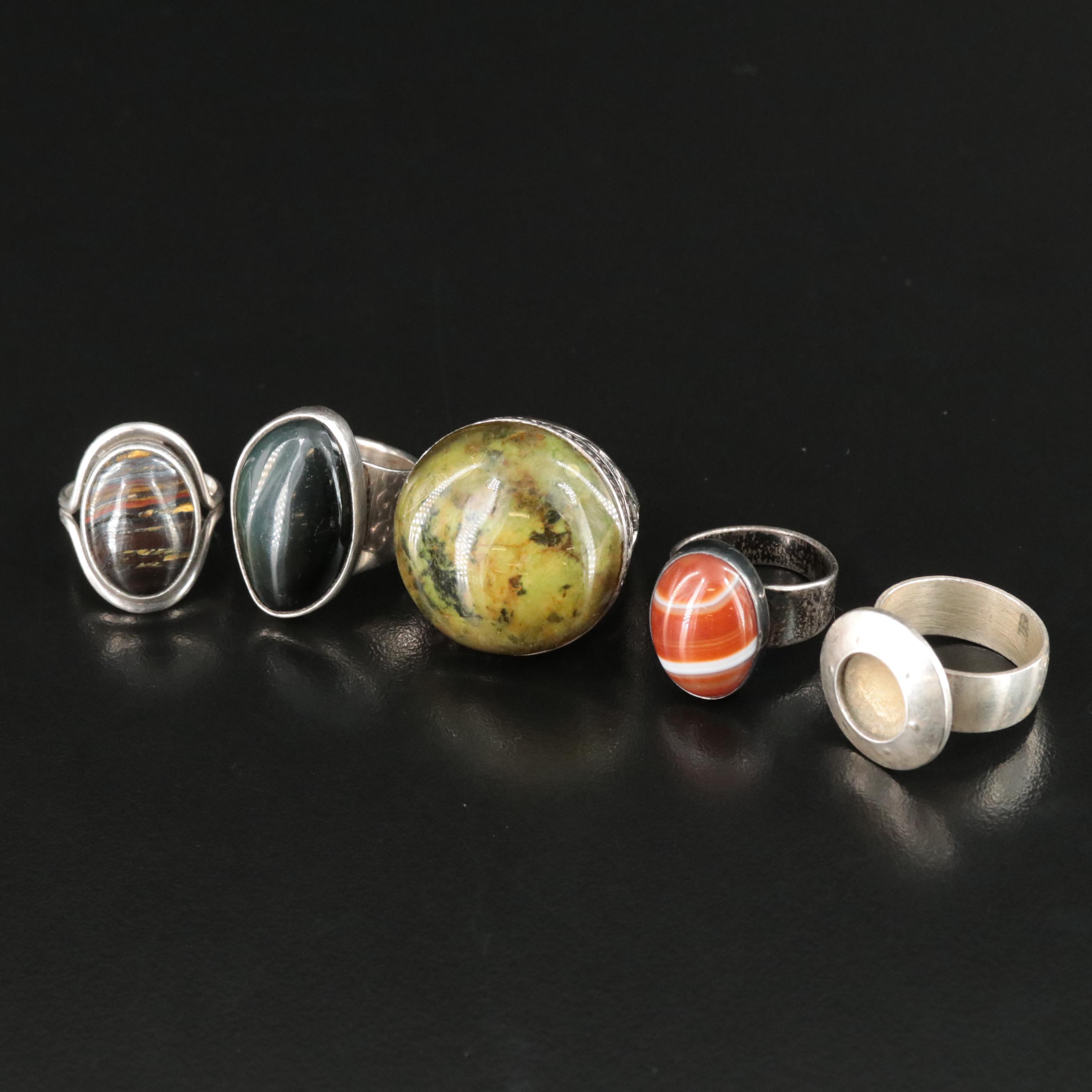 Sterling Rings Including Agate, Jasper, and Tiger's Iron