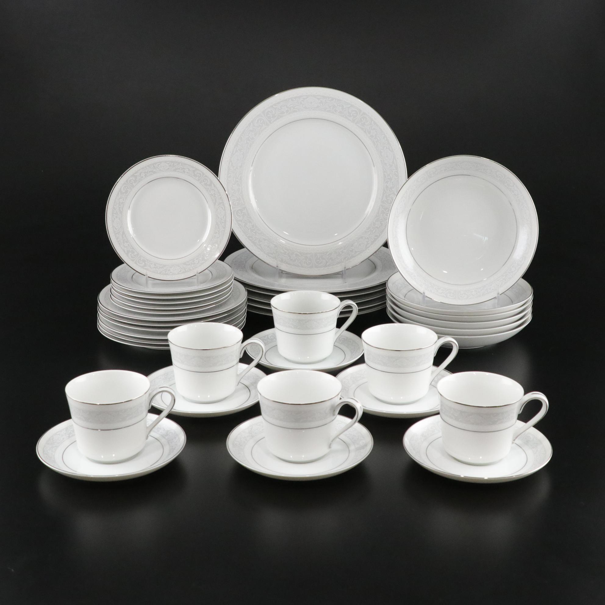 Sone China "Stream" Porcelain Silver Trim Dinnerware Set