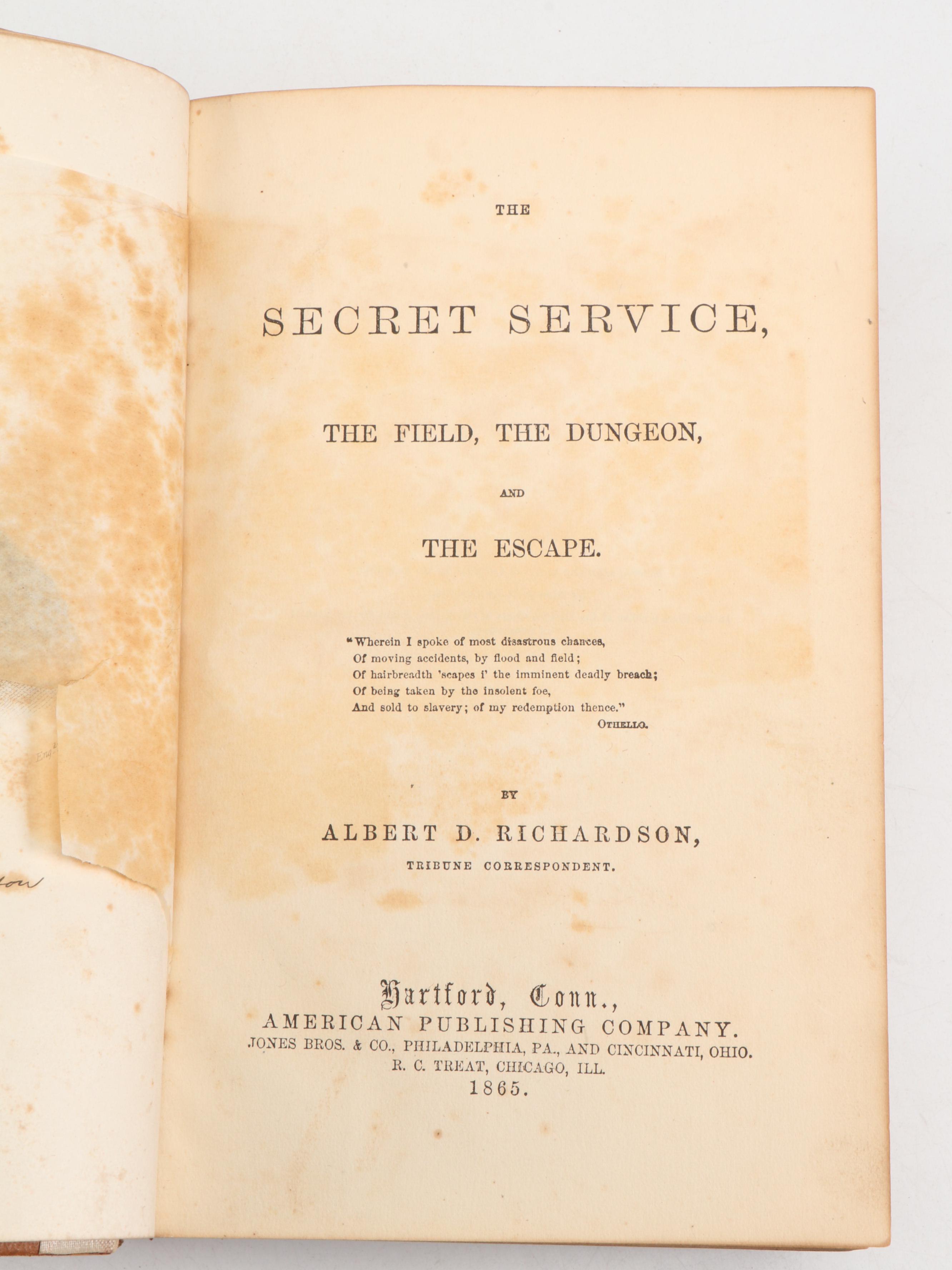 Leather Bound "The Secret Service" by Albert D. Richardson, 1865