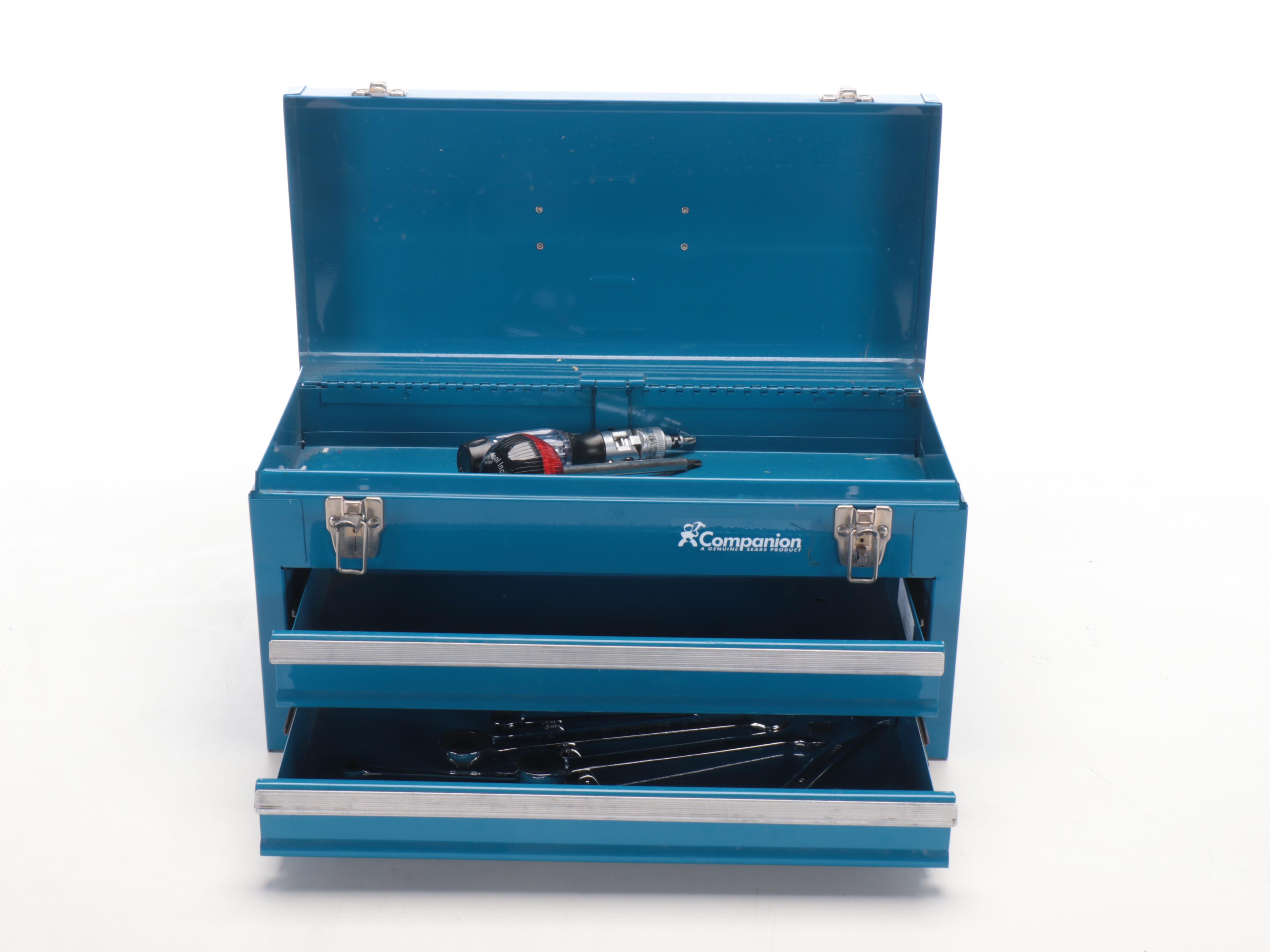Husky and Companion Metal Tool Boxes with Socket Wrench Set, Assorted Hand Tools