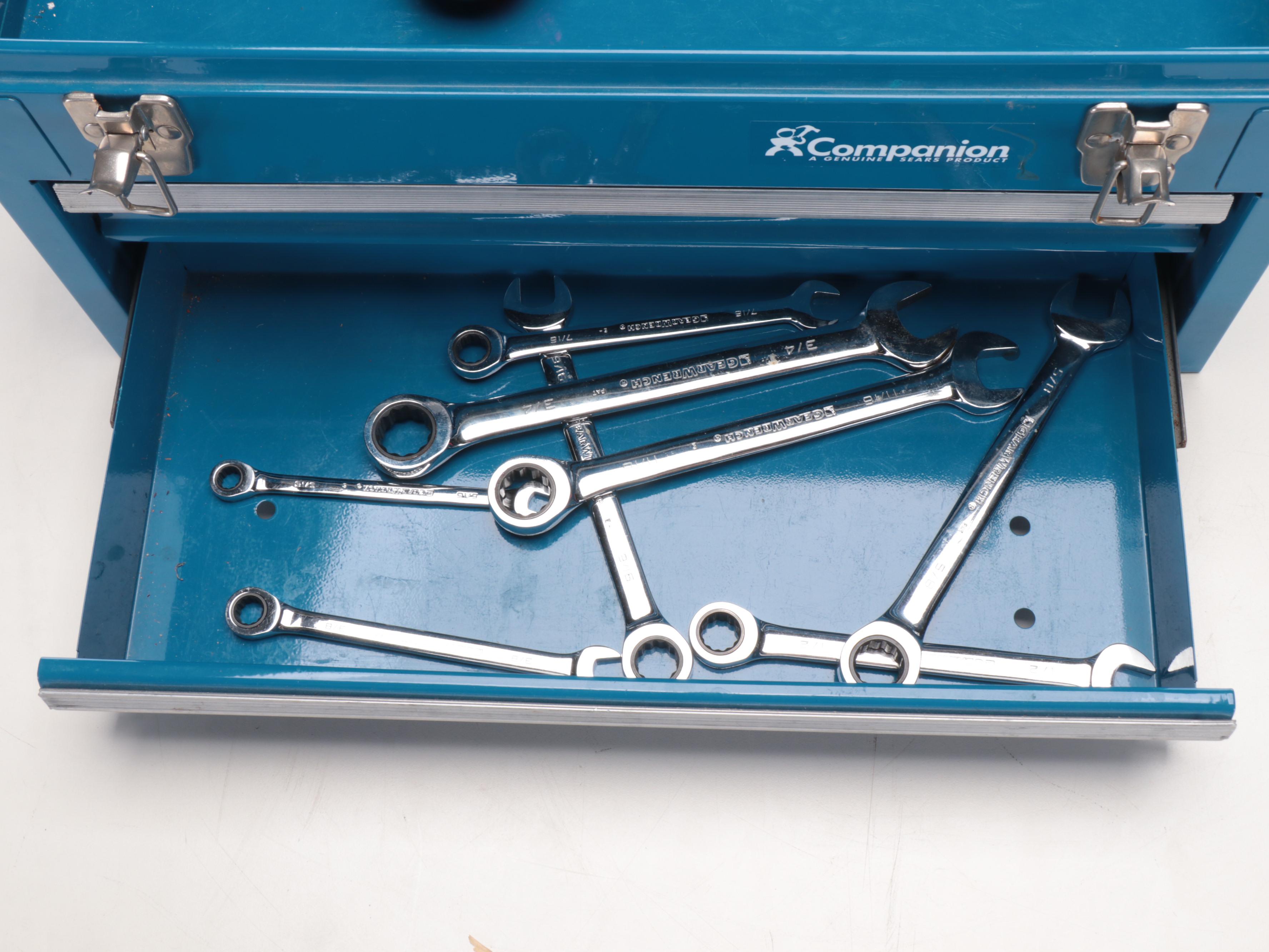 Husky and Companion Metal Tool Boxes with Socket Wrench Set, Assorted Hand Tools