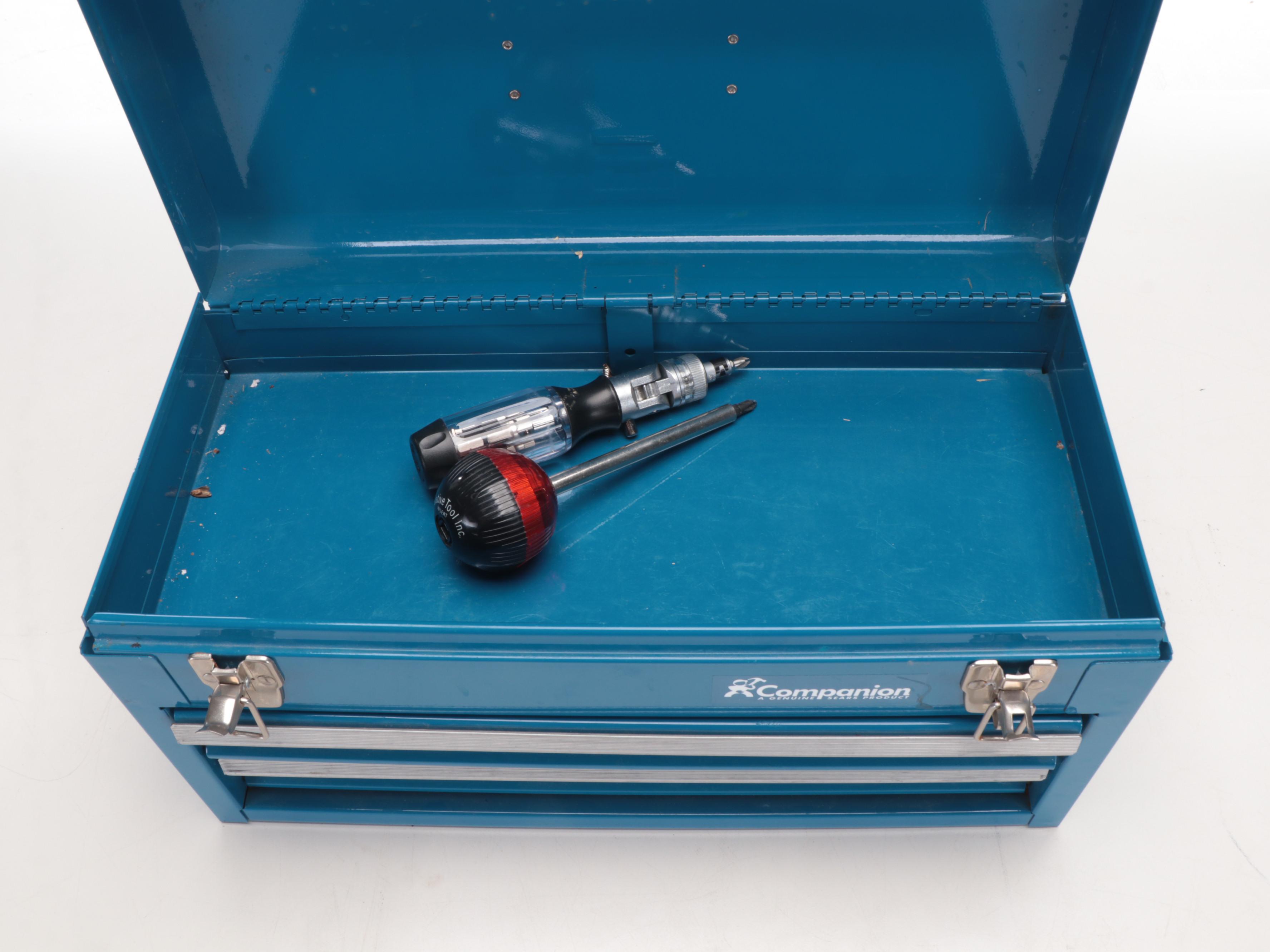 Husky and Companion Metal Tool Boxes with Socket Wrench Set, Assorted Hand Tools