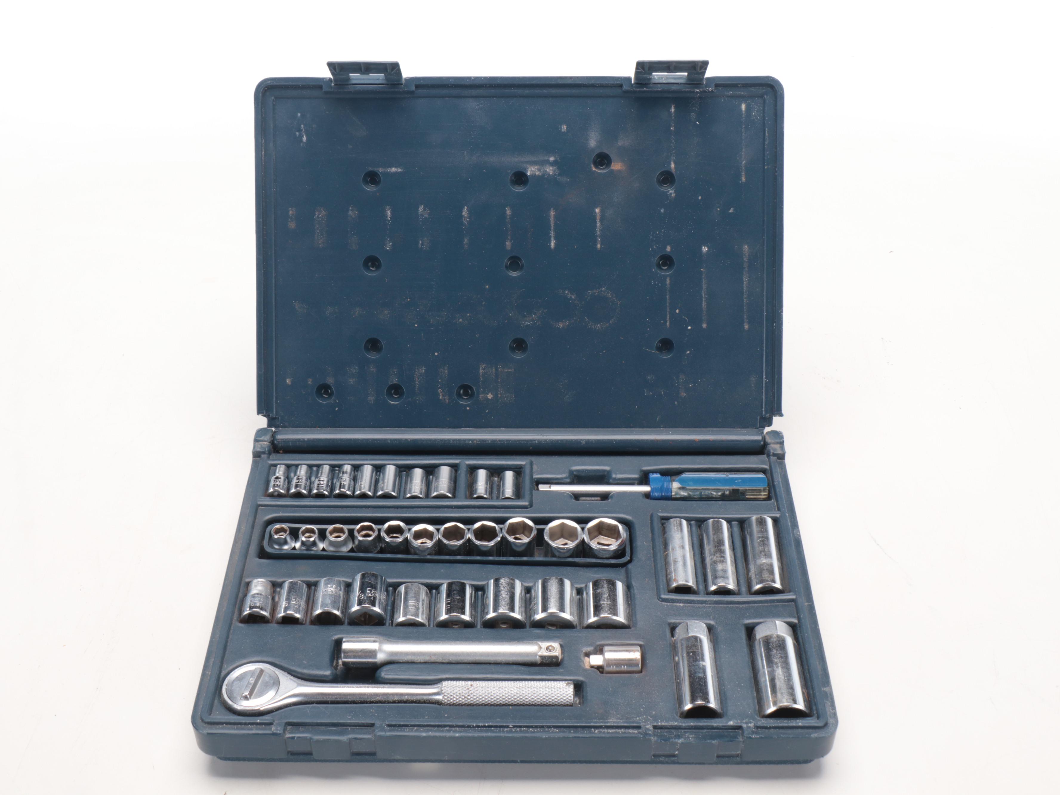 Husky and Companion Metal Tool Boxes with Socket Wrench Set, Assorted Hand Tools