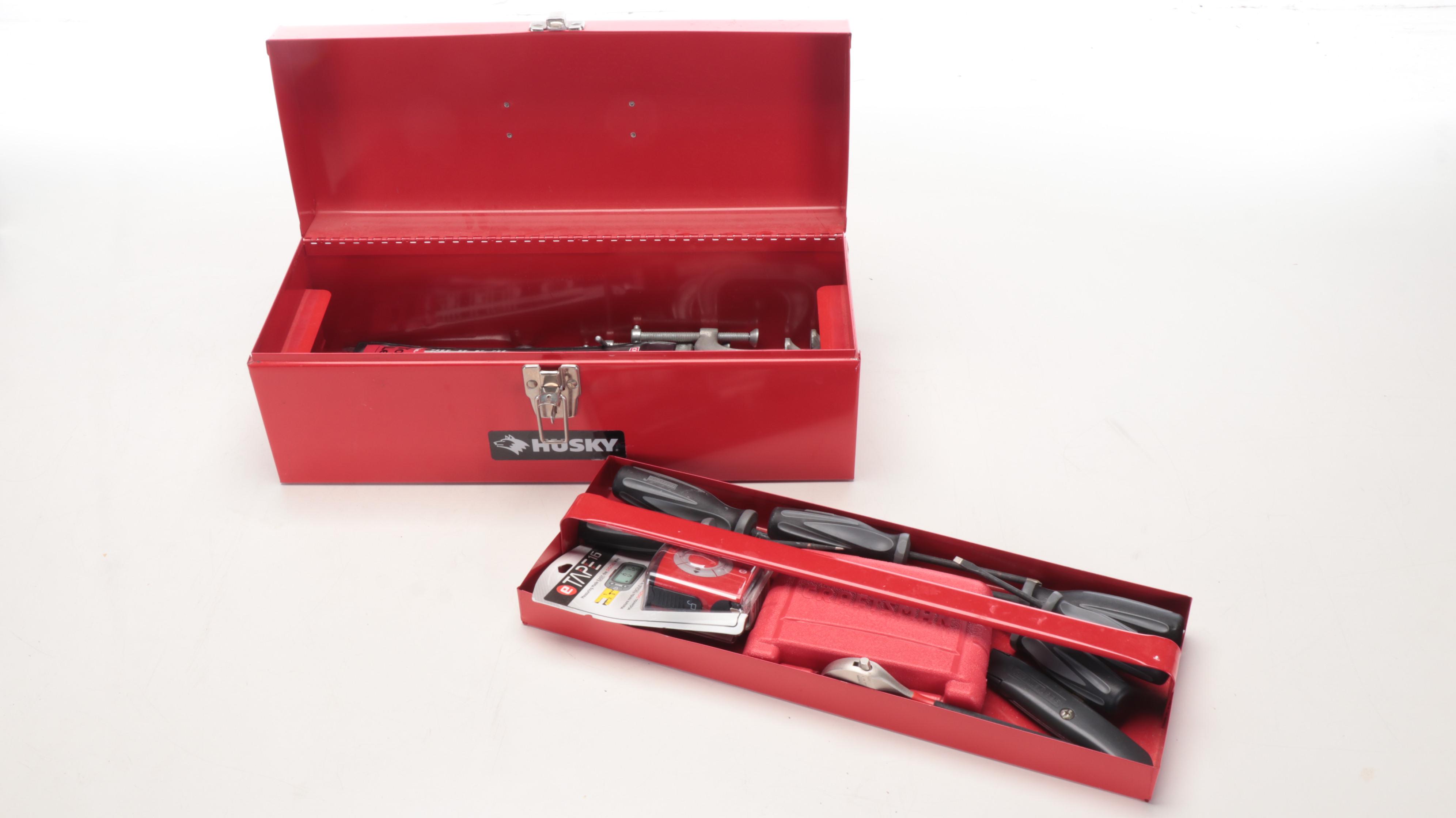 Husky and Companion Metal Tool Boxes with Socket Wrench Set, Assorted Hand Tools