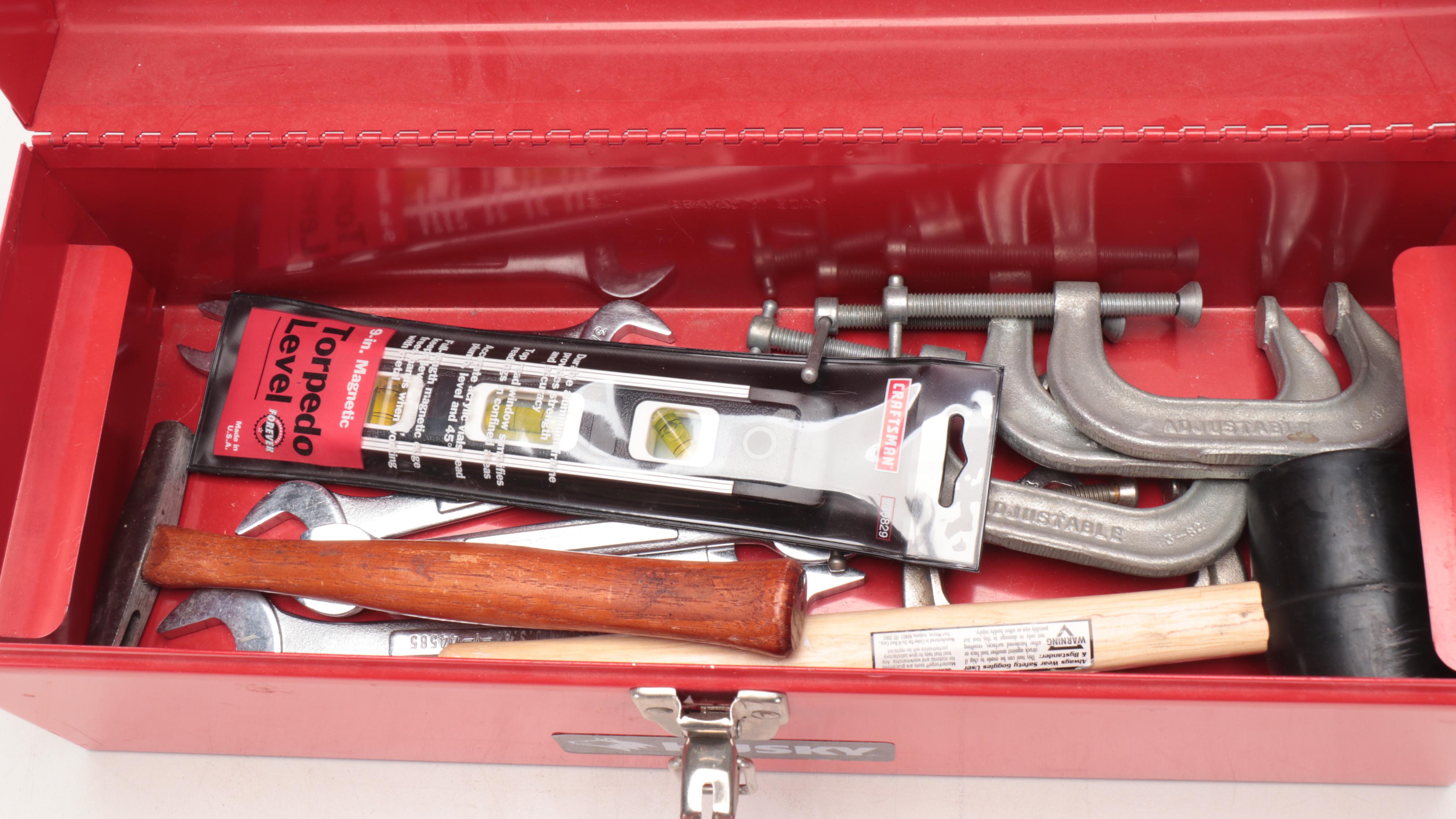 Husky and Companion Metal Tool Boxes with Socket Wrench Set, Assorted Hand Tools