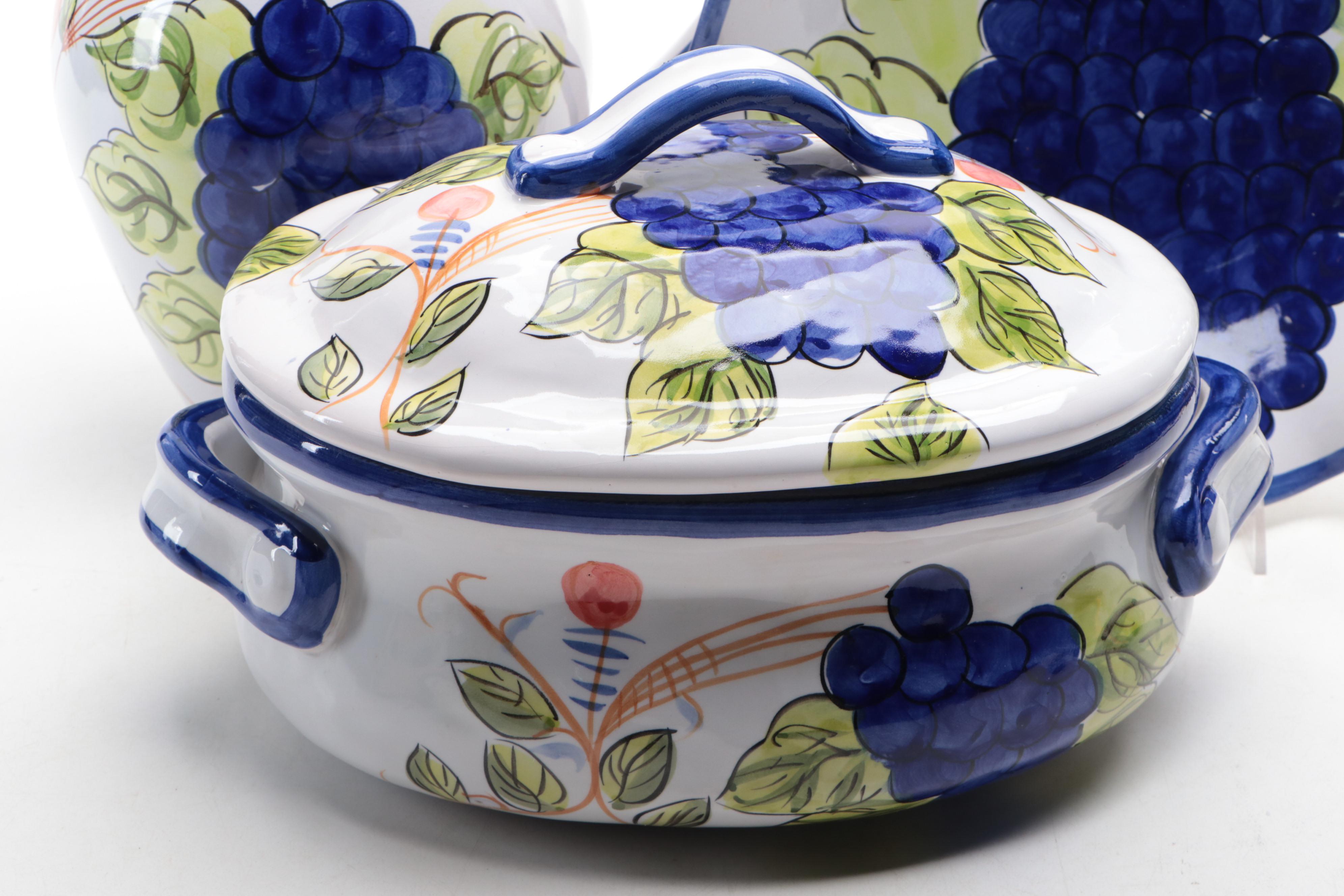 Grapevine Majolica Pitcher, Platter, and Covered Dish