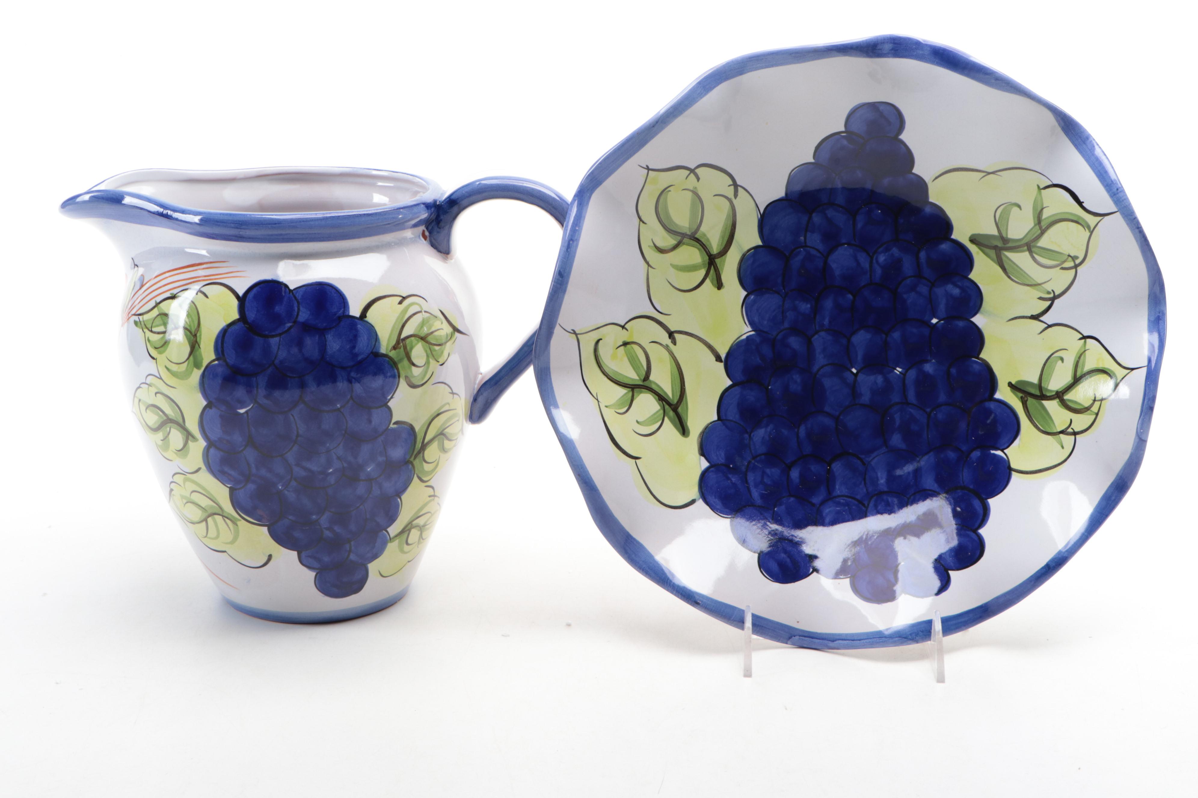 Grapevine Majolica Pitcher, Platter, and Covered Dish