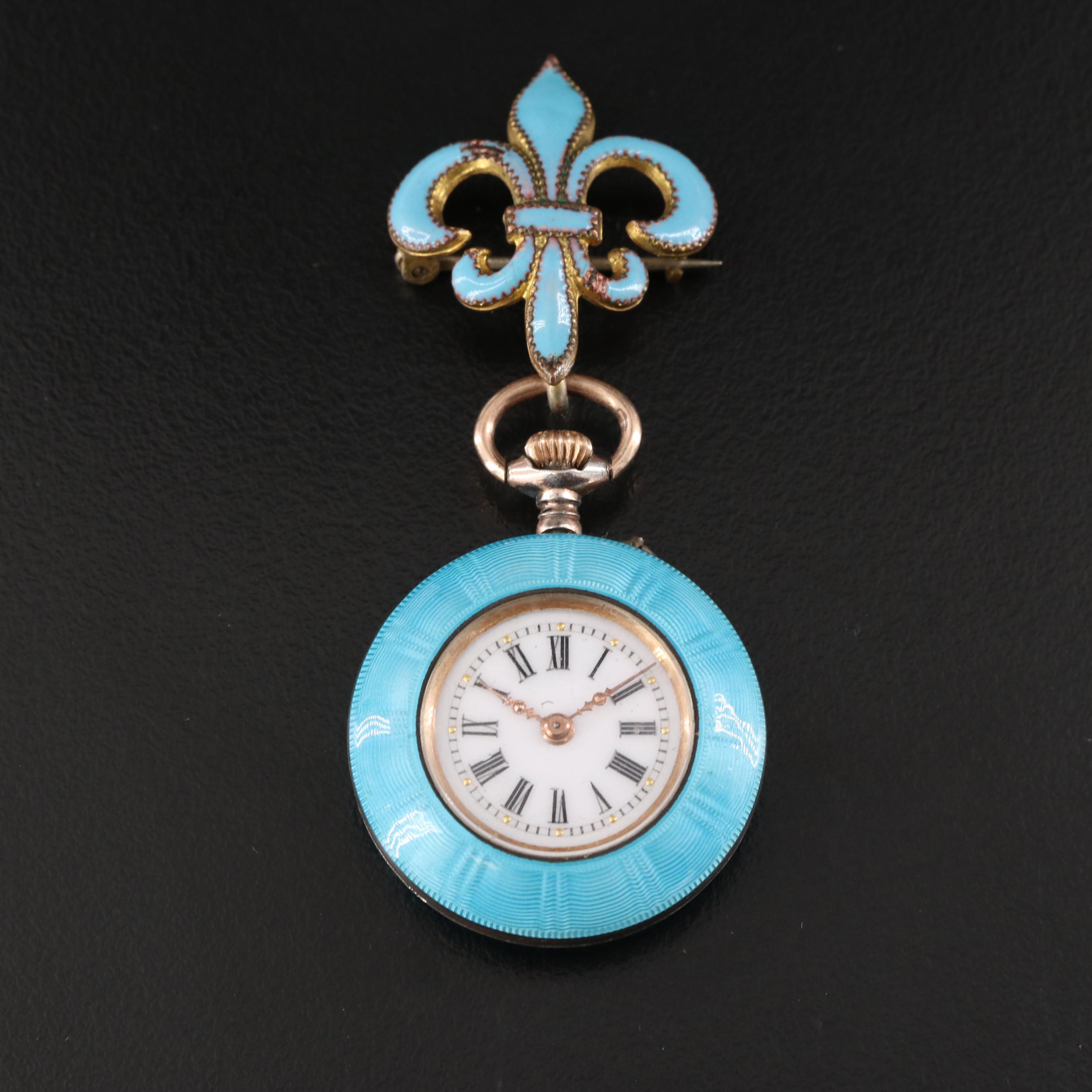 800 Silver Enamelled Swiss Timepiece Fleur-de-Lis Pin Pendant Watch