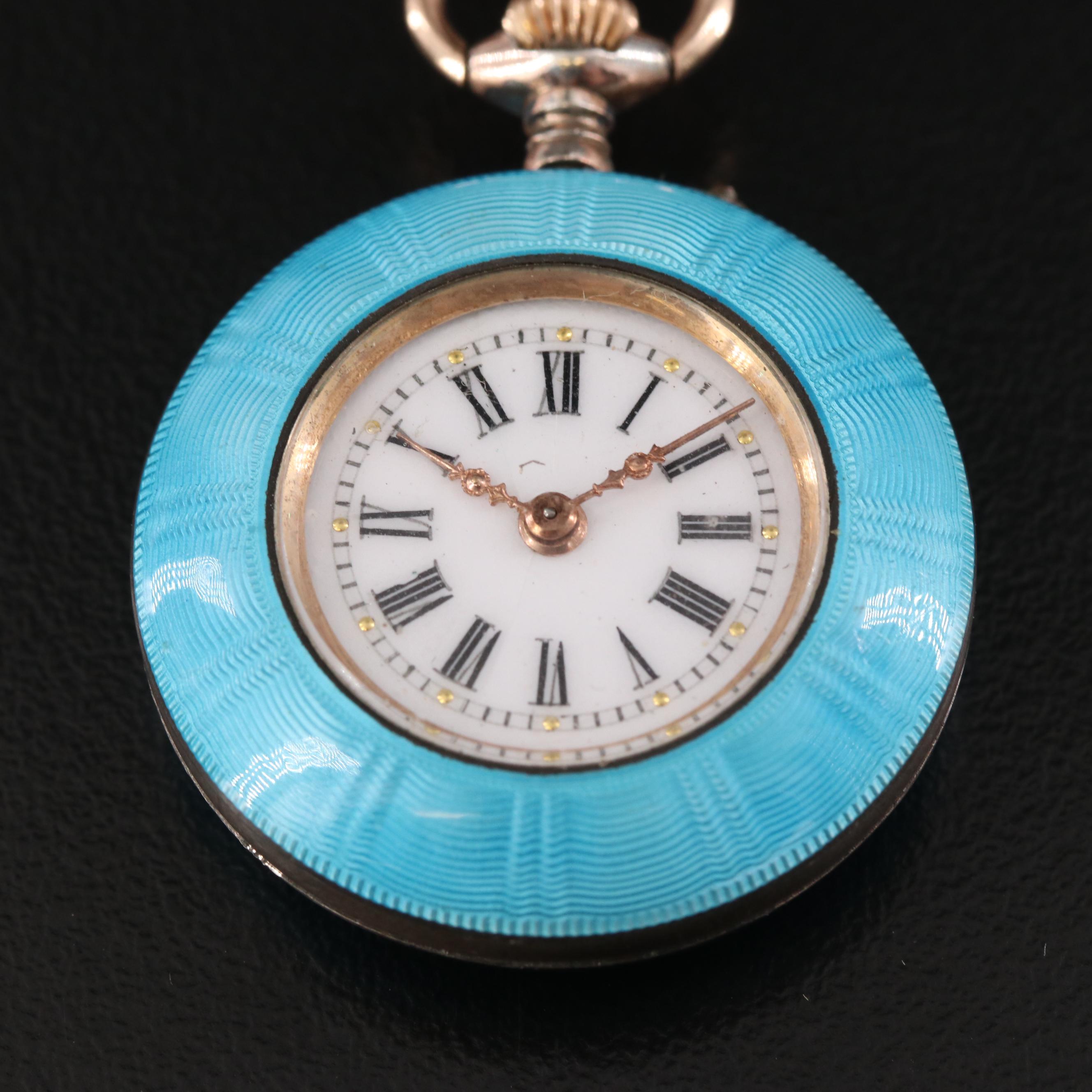 800 Silver Enamelled Swiss Timepiece Fleur-de-Lis Pin Pendant Watch