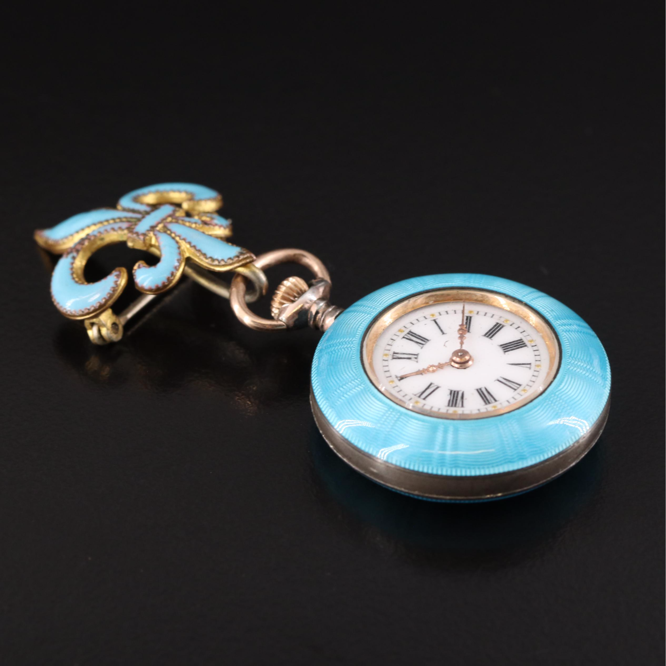 800 Silver Enamelled Swiss Timepiece Fleur-de-Lis Pin Pendant Watch