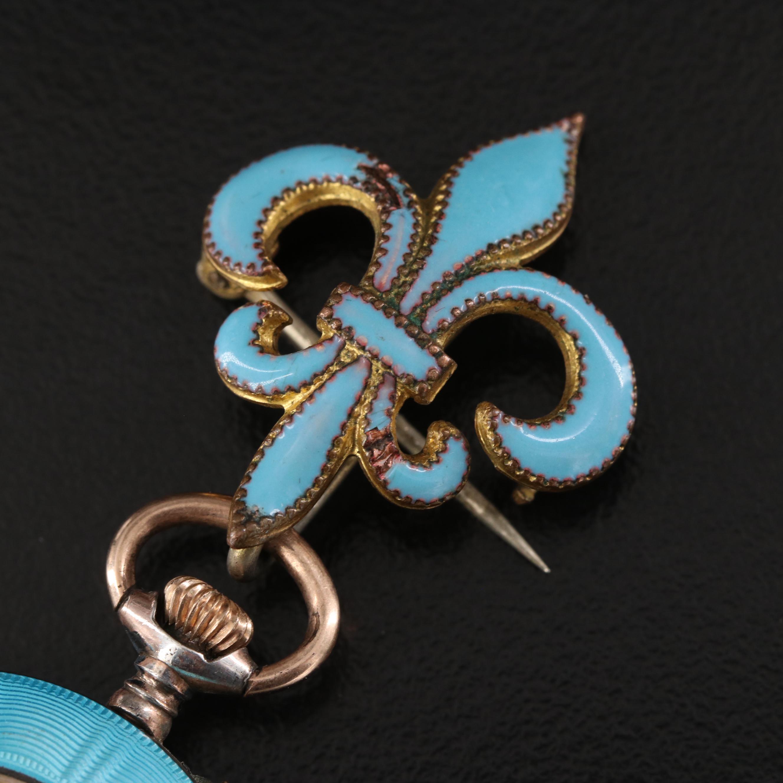 800 Silver Enamelled Swiss Timepiece Fleur-de-Lis Pin Pendant Watch