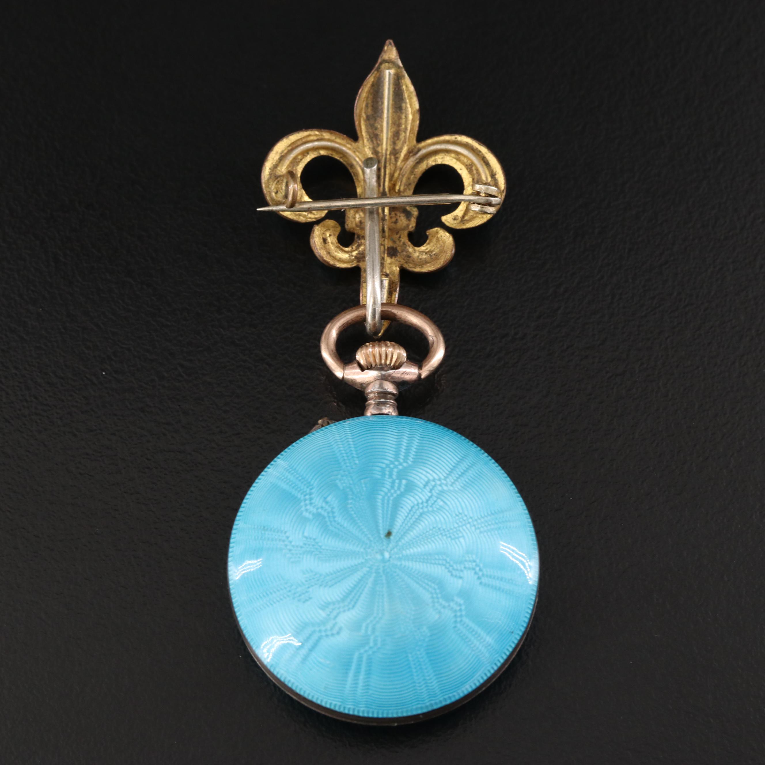 800 Silver Enamelled Swiss Timepiece Fleur-de-Lis Pin Pendant Watch