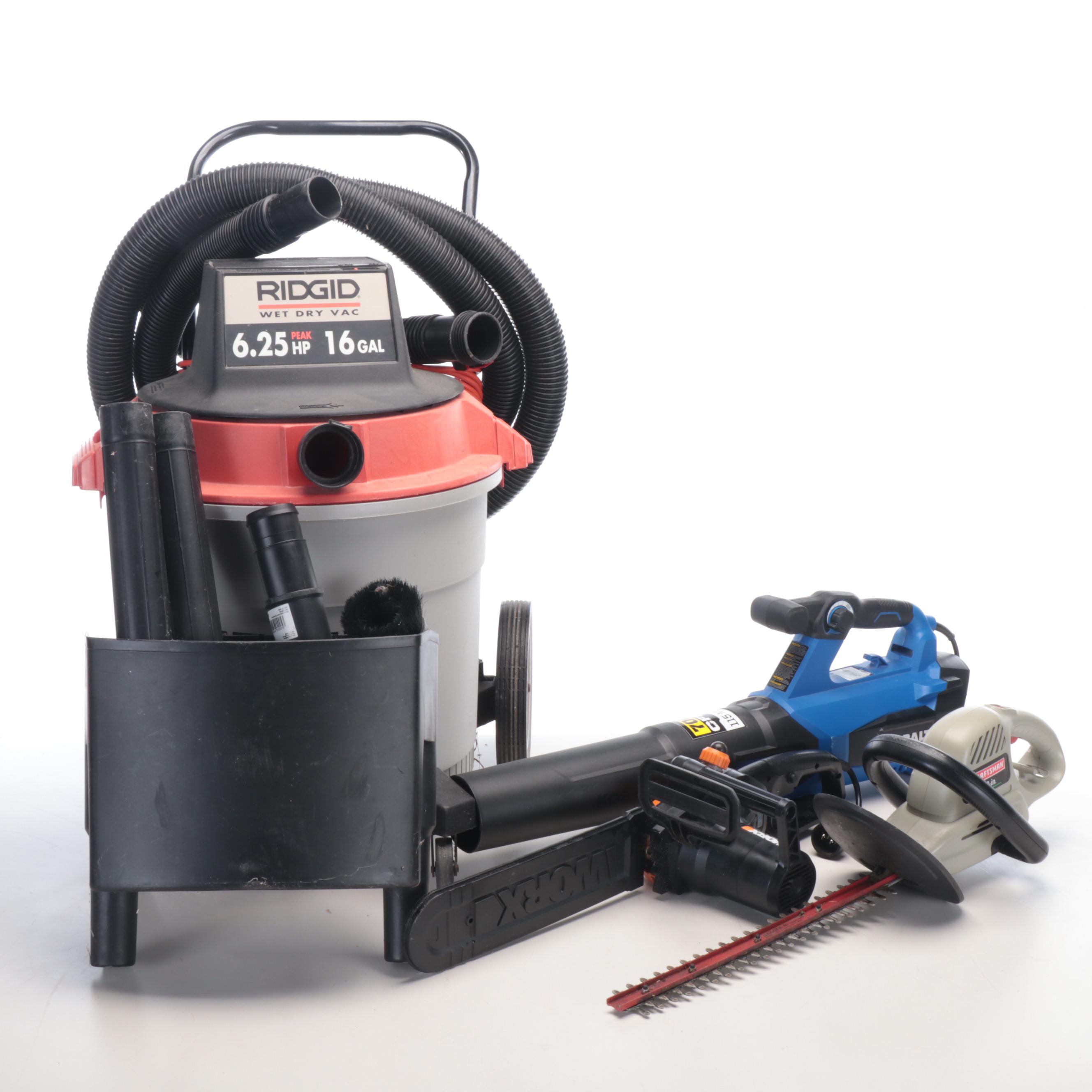 RIDGID Wet Dry Vac, Craftsman Hedge Trimmer, Cobalt Leaf Blower, and Chainsaw