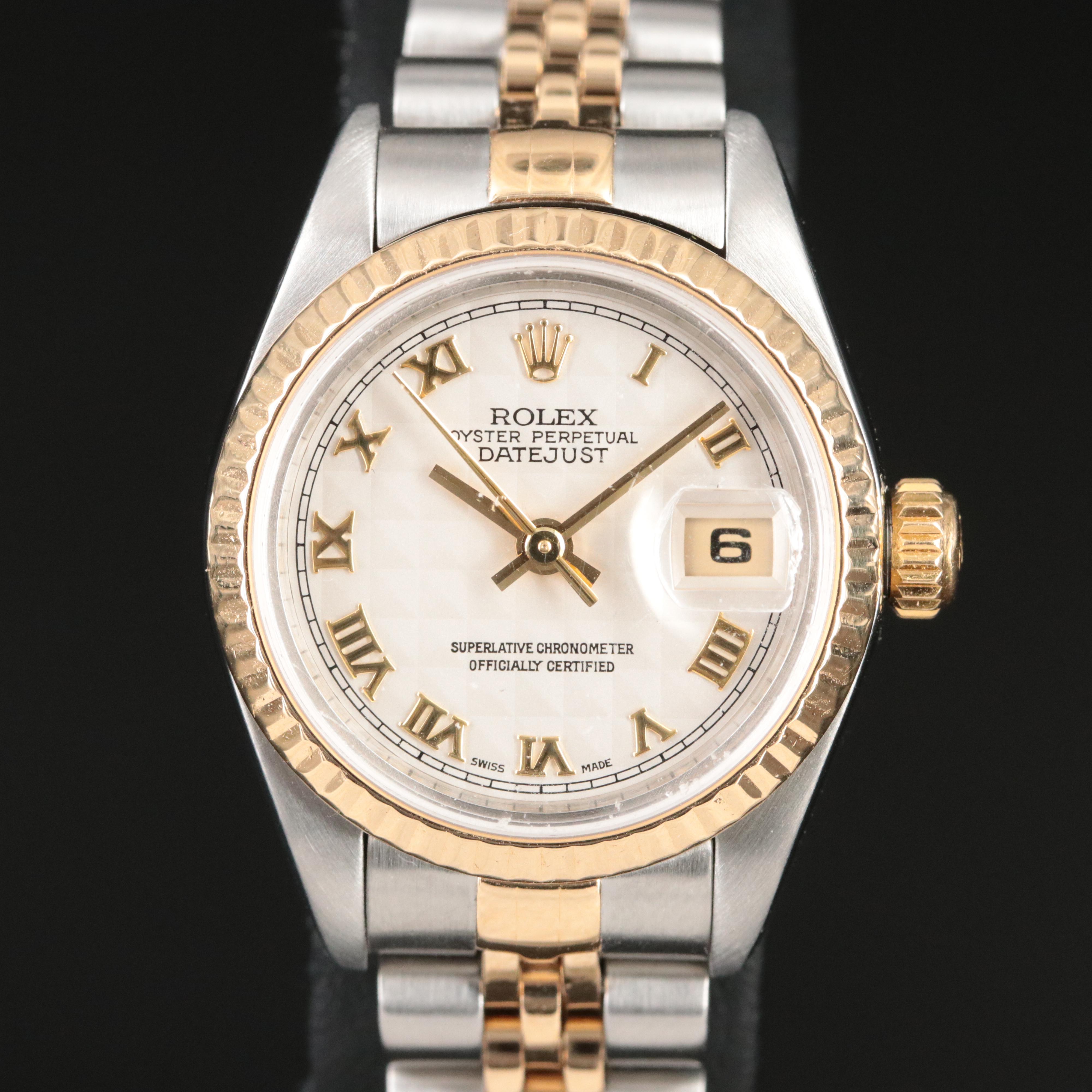 1998 Rolex Ivory Pyramid Roman Dial Datejust 69173 Watch