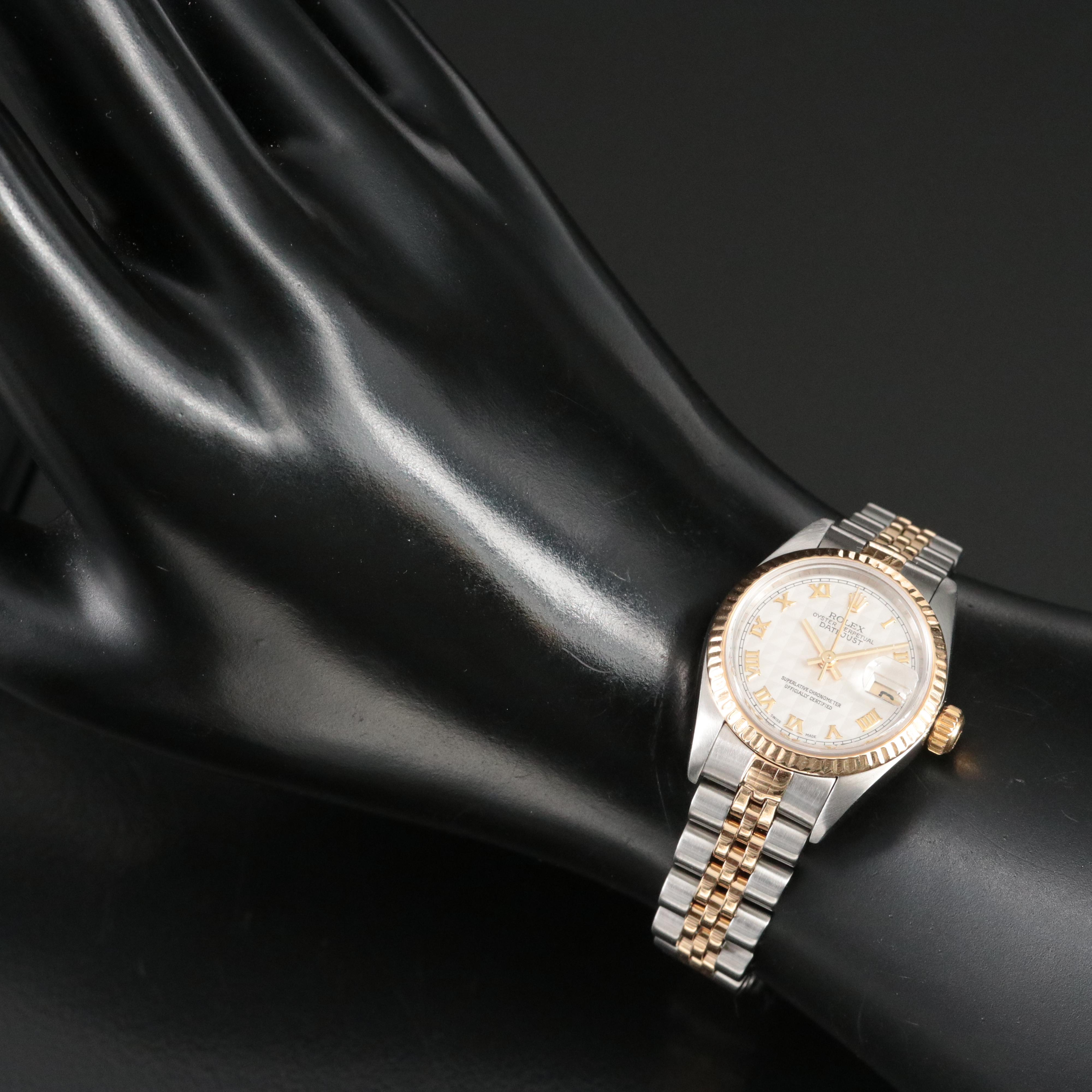 1998 Rolex Ivory Pyramid Roman Dial Datejust 69173 Watch