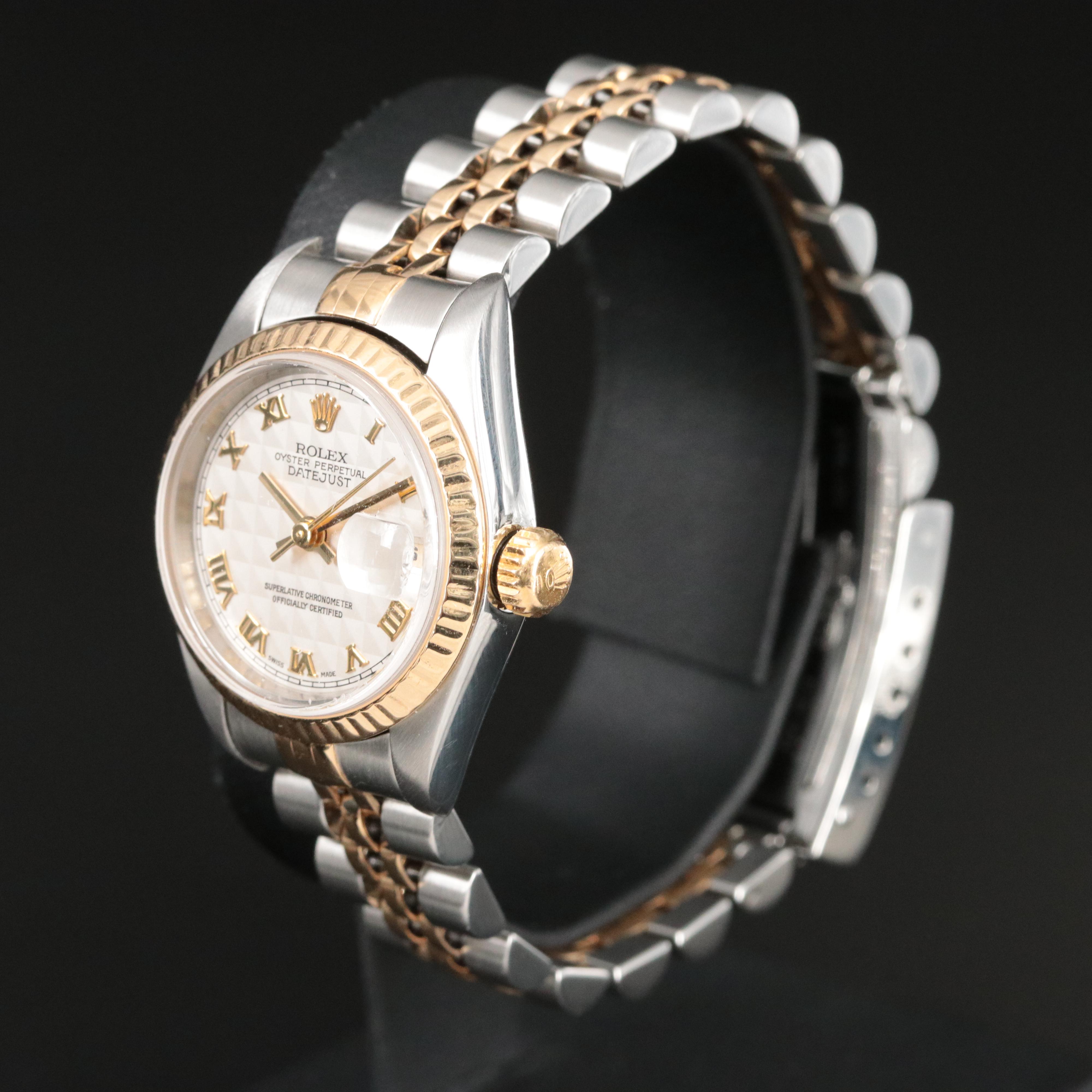 1998 Rolex Ivory Pyramid Roman Dial Datejust 69173 Watch