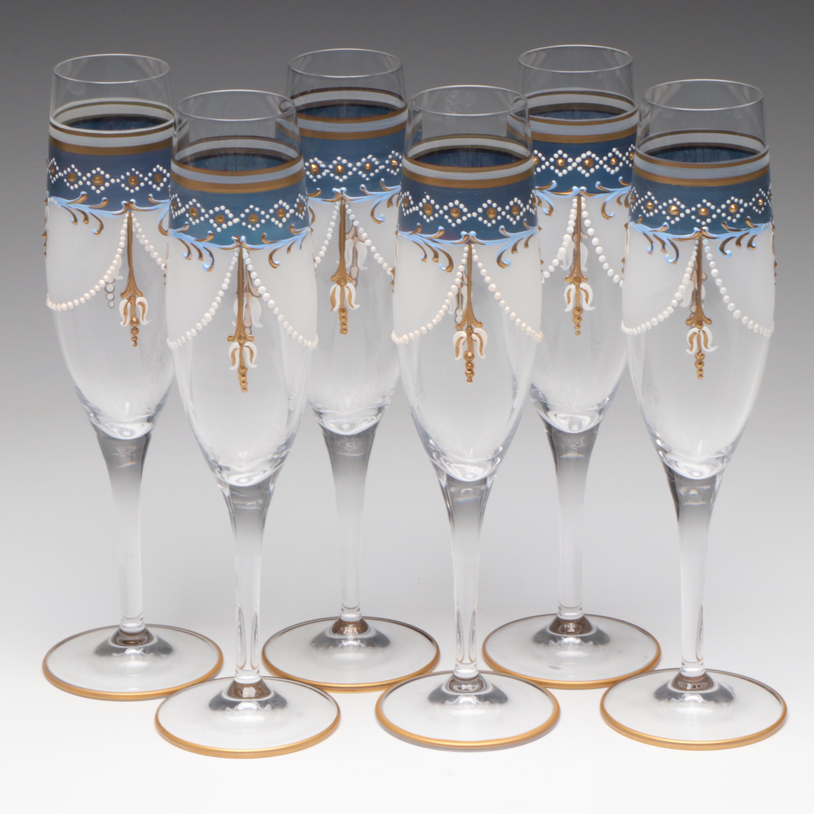 Bohemian Style Enameled and Frosted Glass Champagne Flutes