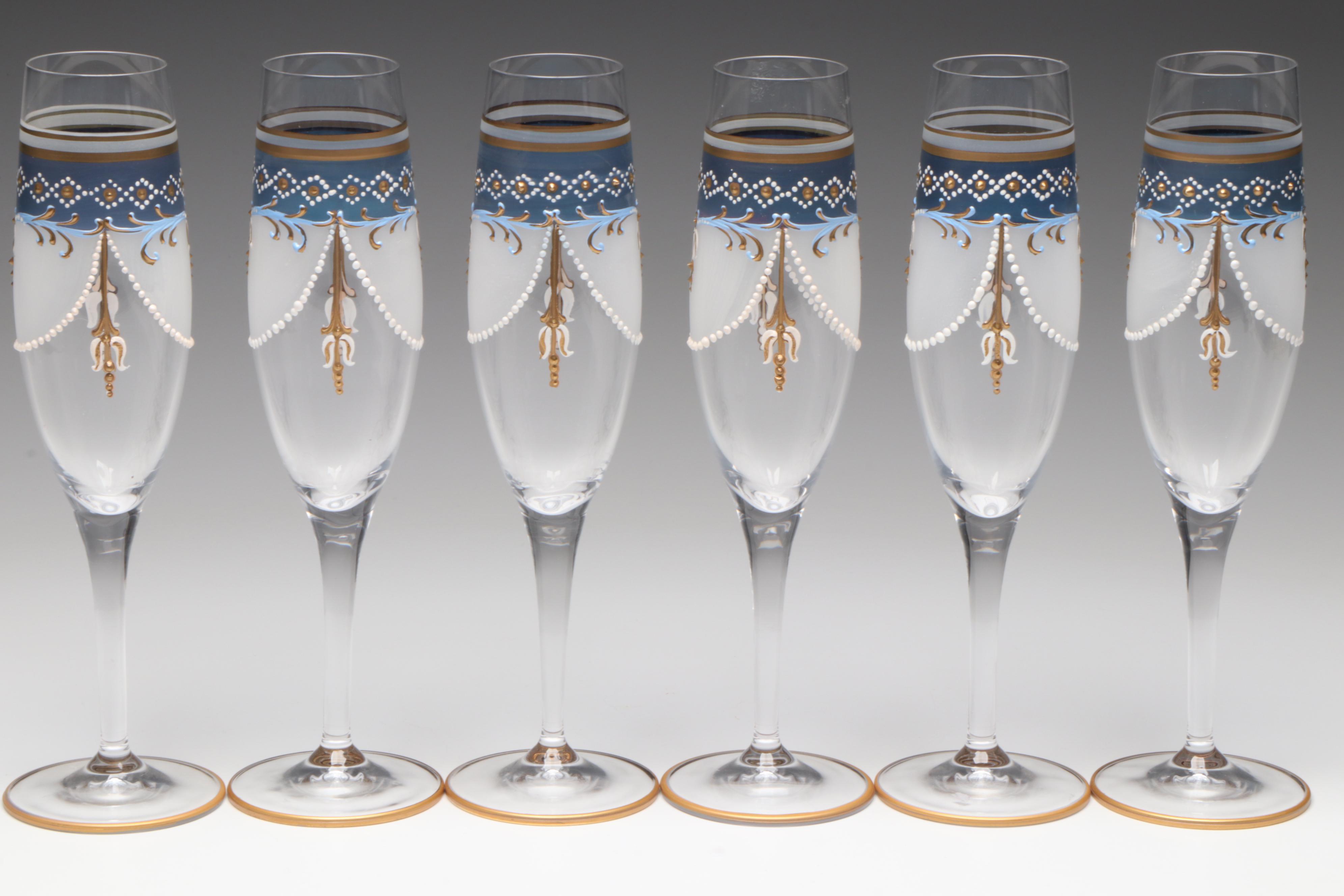 Bohemian Style Enameled and Frosted Glass Champagne Flutes