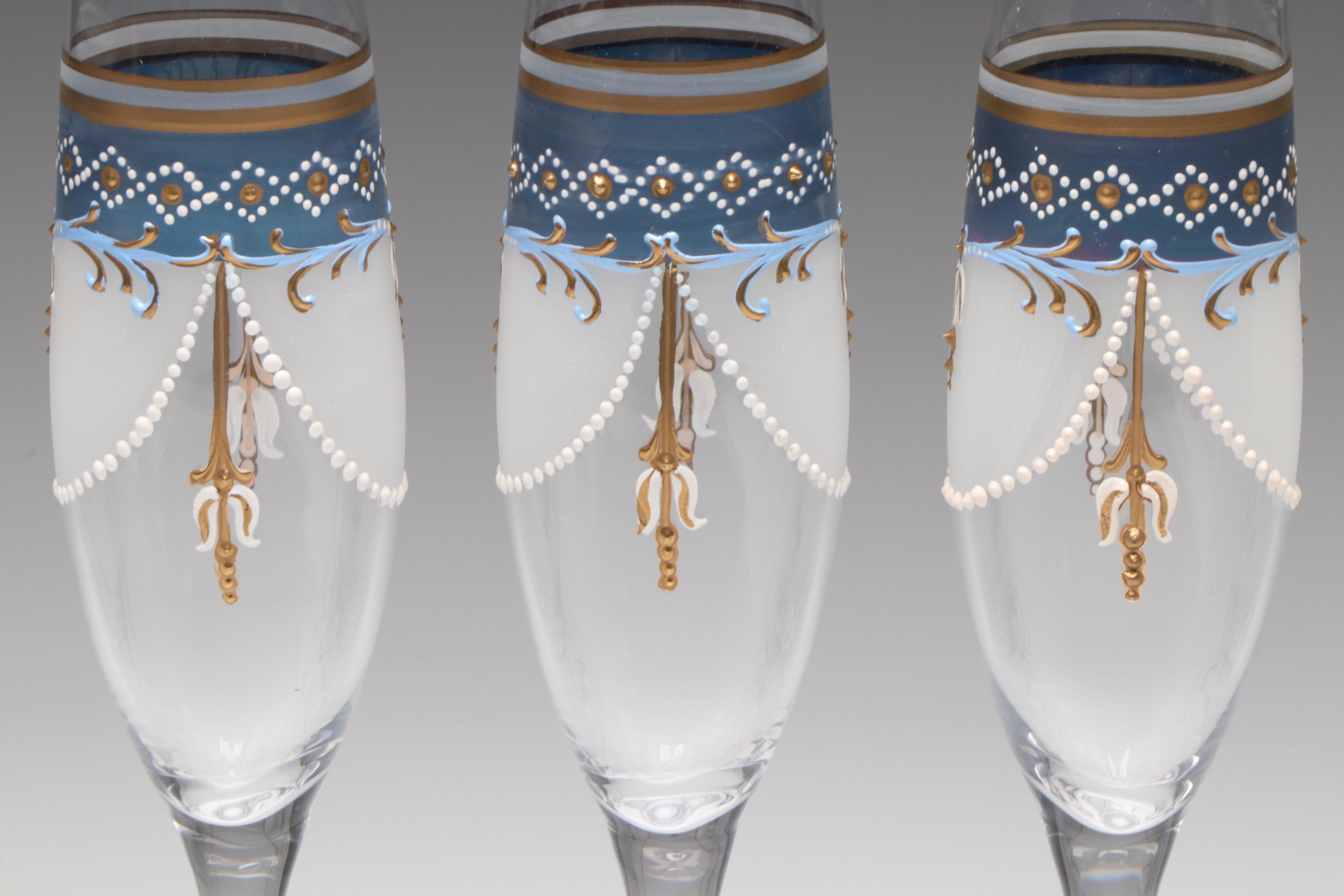 Bohemian Style Enameled and Frosted Glass Champagne Flutes