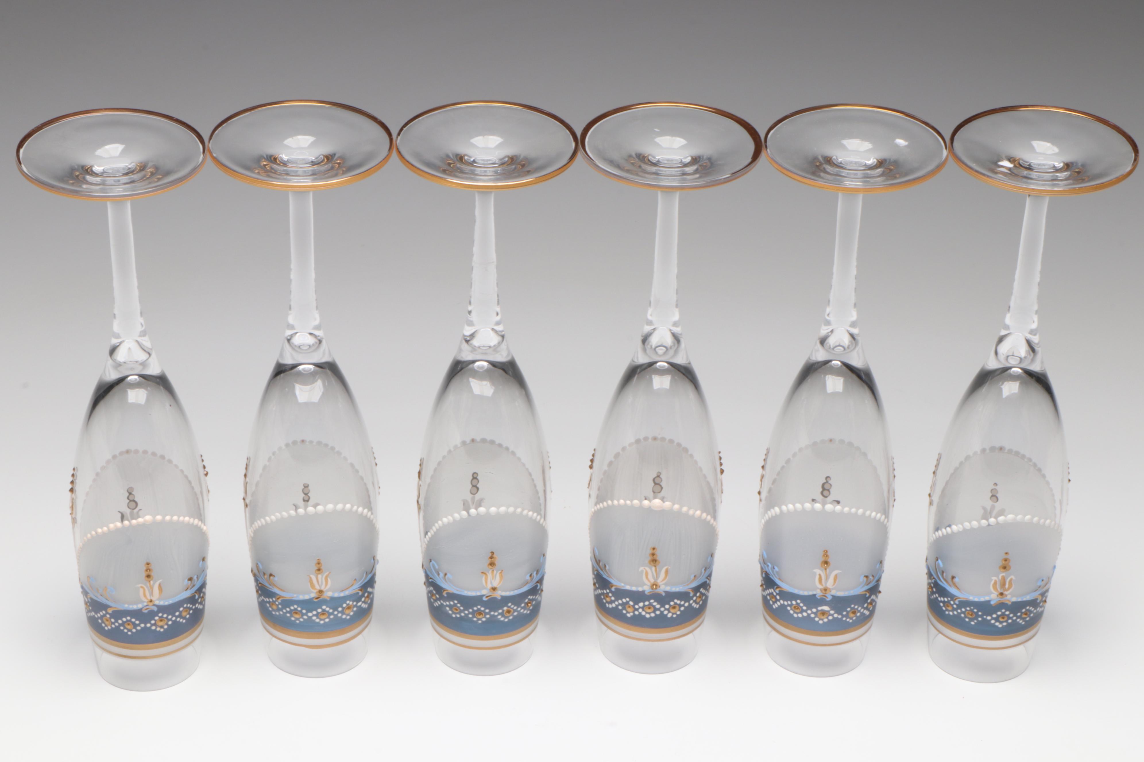 Bohemian Style Enameled and Frosted Glass Champagne Flutes