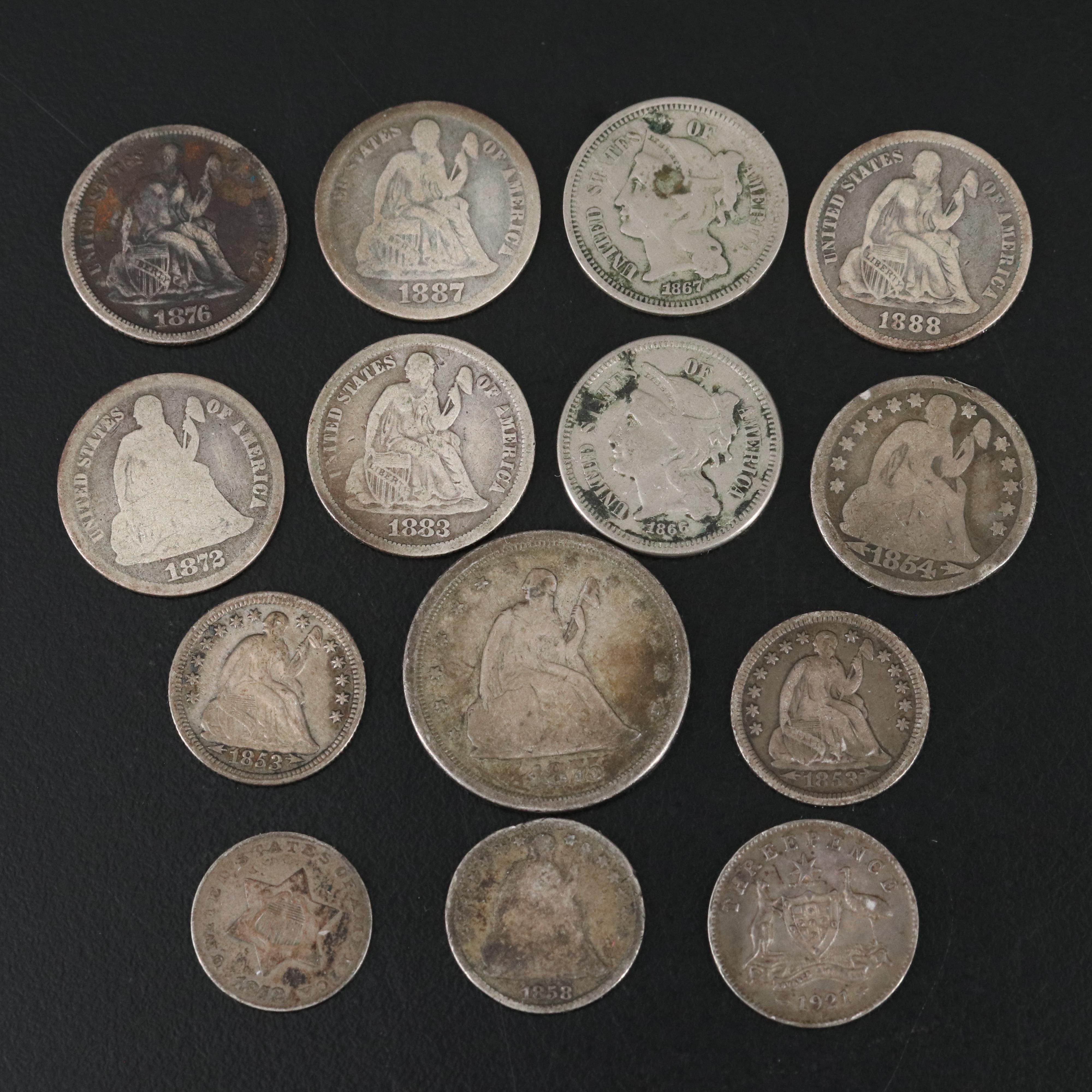 14 Different U.S. Silver and Copper-Nickel Coins From 1800s